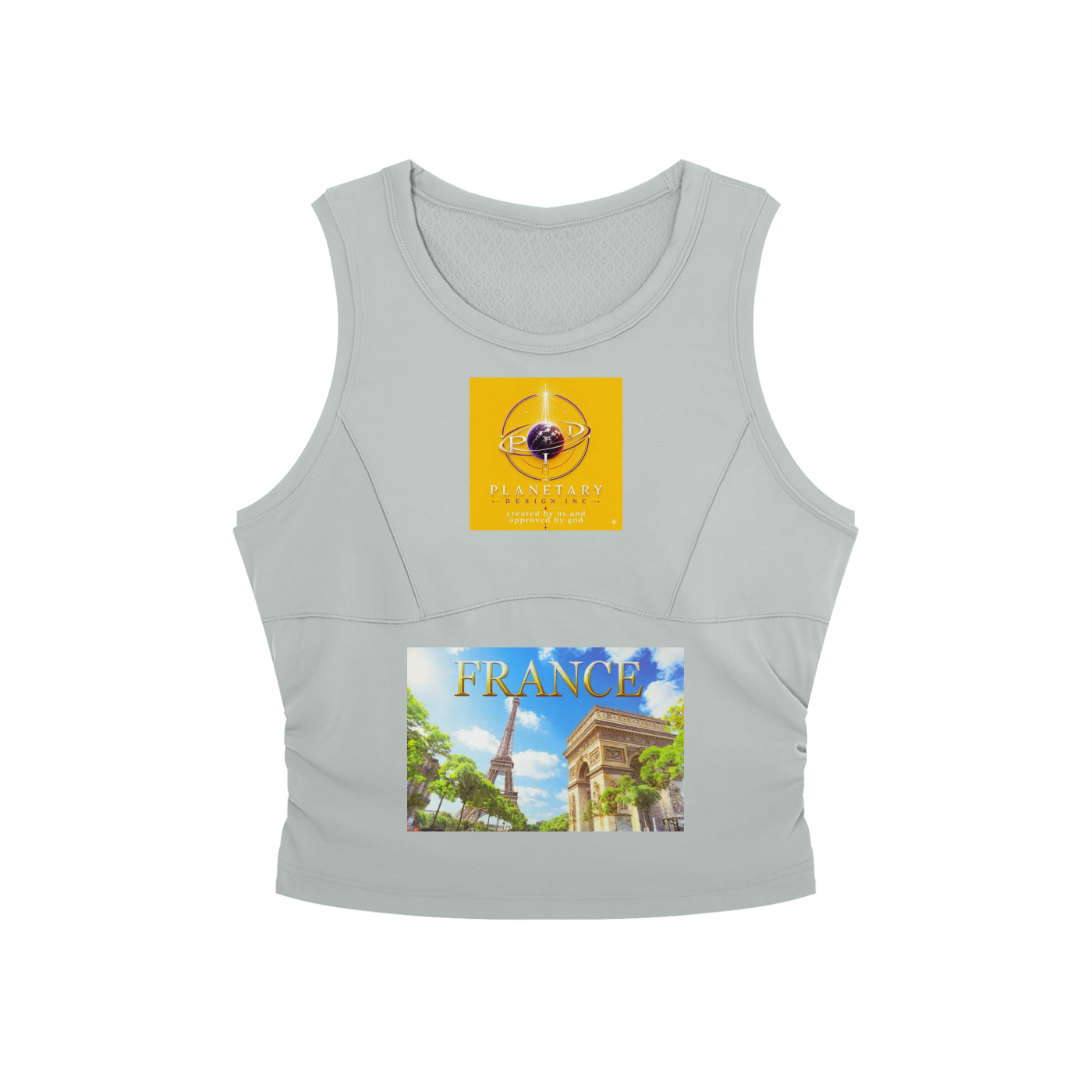 Light gray tank top with a yellow patch featuring an eye design and a scenic view of France on a white background.