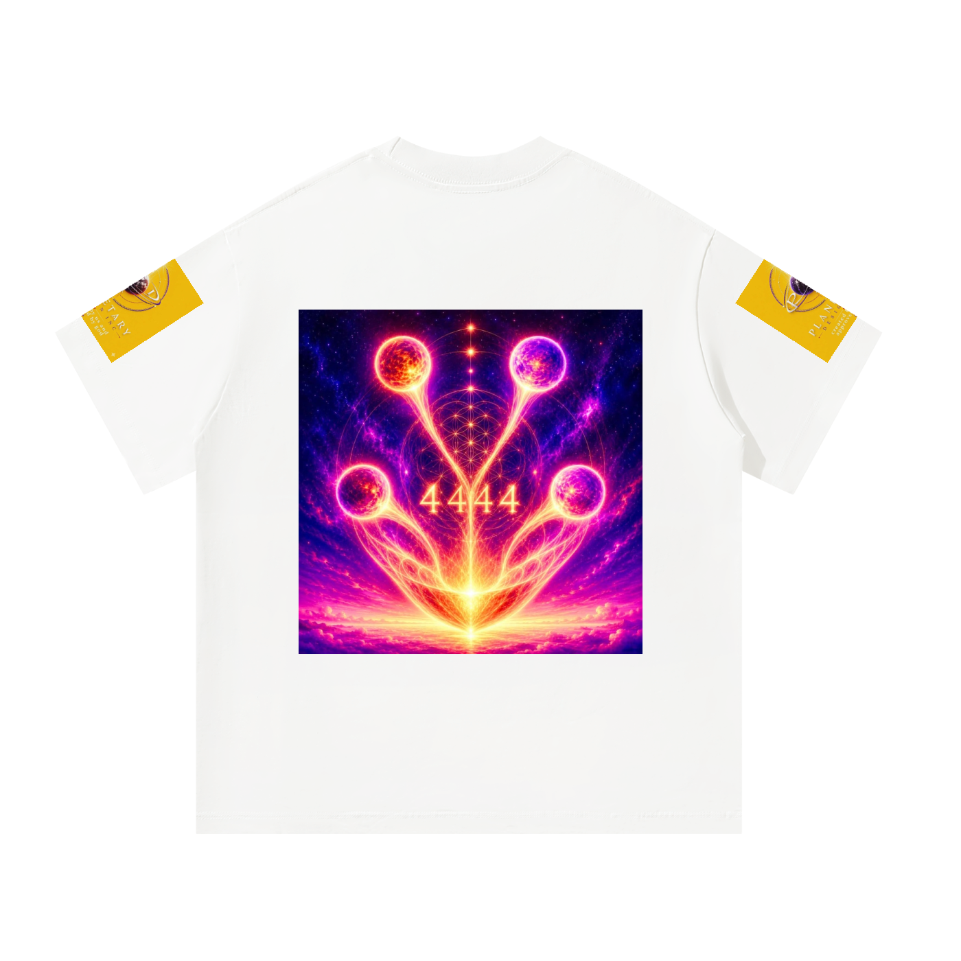A white short-sleeve t-shirt with a large, vibrant cosmic graphic on the chest and yellow graphic patches on both sleeves, displayed against a solid white background.