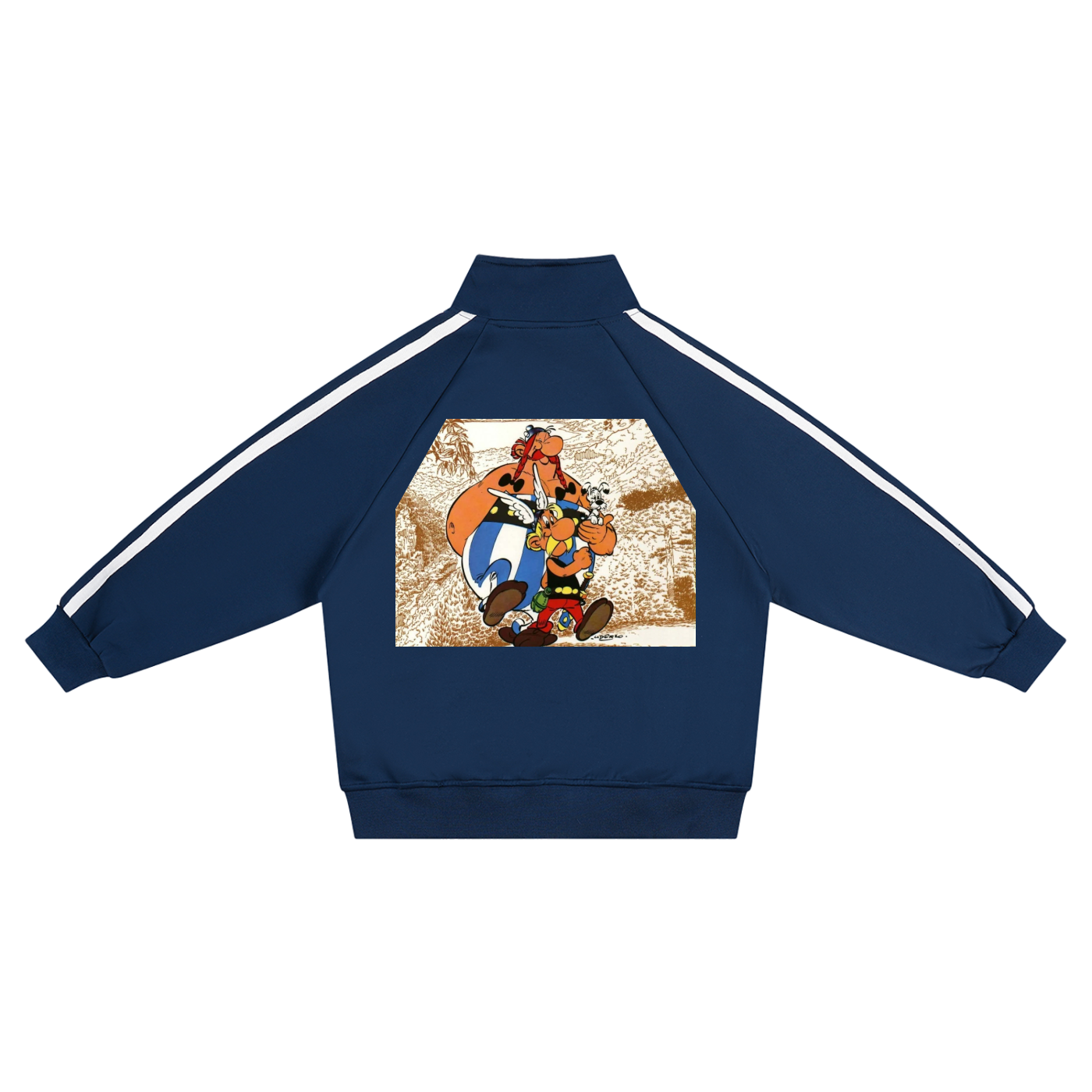 Navy blue tracksuit with white stripes on sleeves and back featuring cartoon characters.