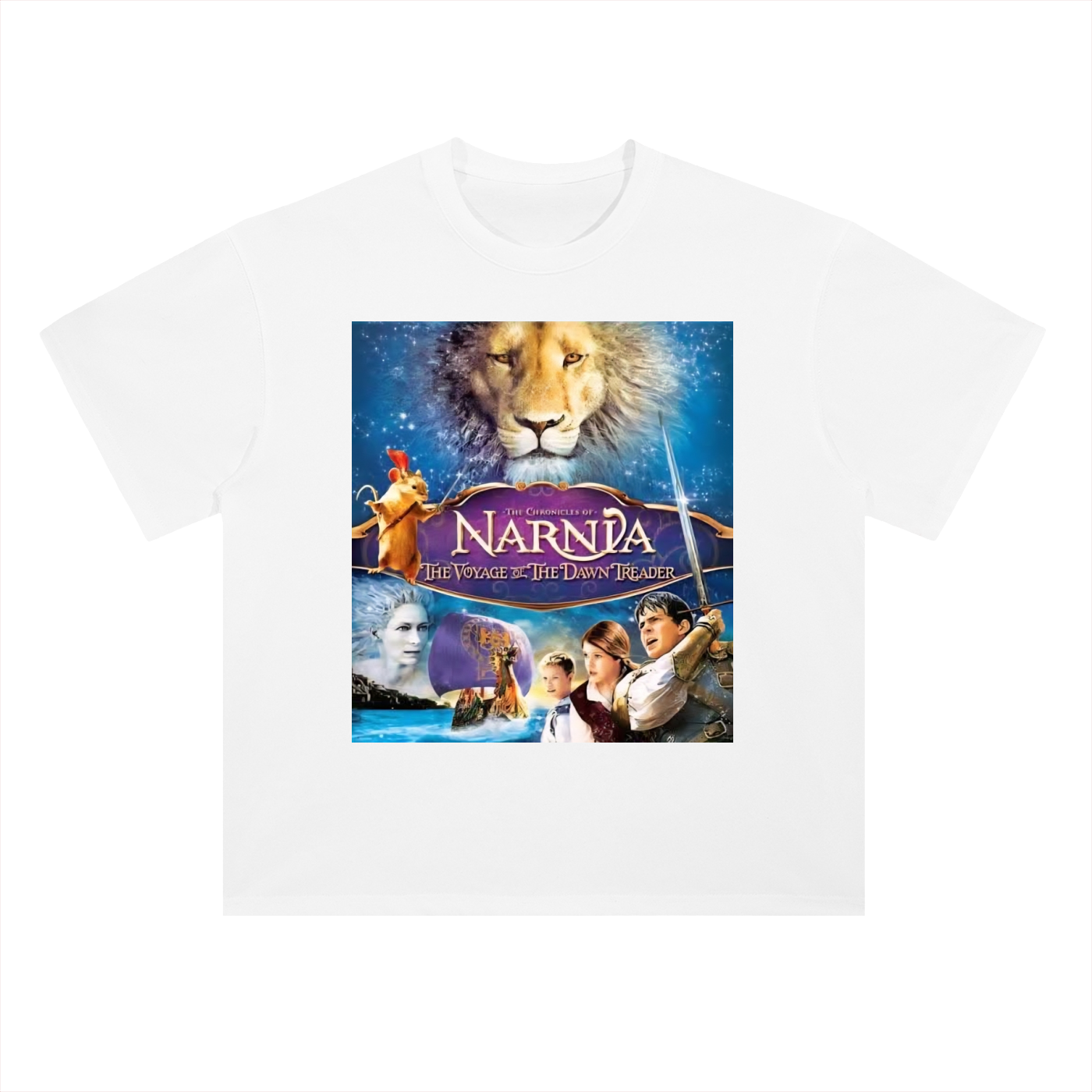 White t-shirt with 'The Chronicles of Narnia' movie poster design on a white background