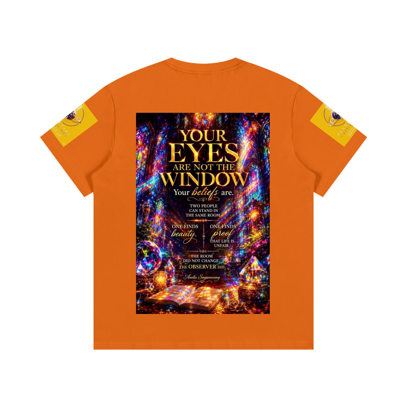 Orange t-shirt with a colorful graphic and text on the back, on a white background