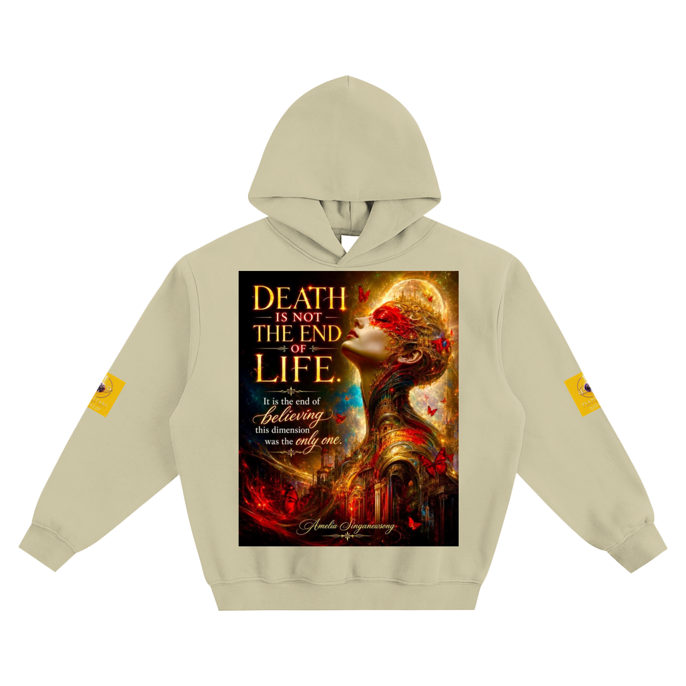 A light beige pullover hoodie with a large graphic print on the front showing a stylized woman's face and the text 'DEATH IS NOT THE END OF LIFE.' with additional quote text.