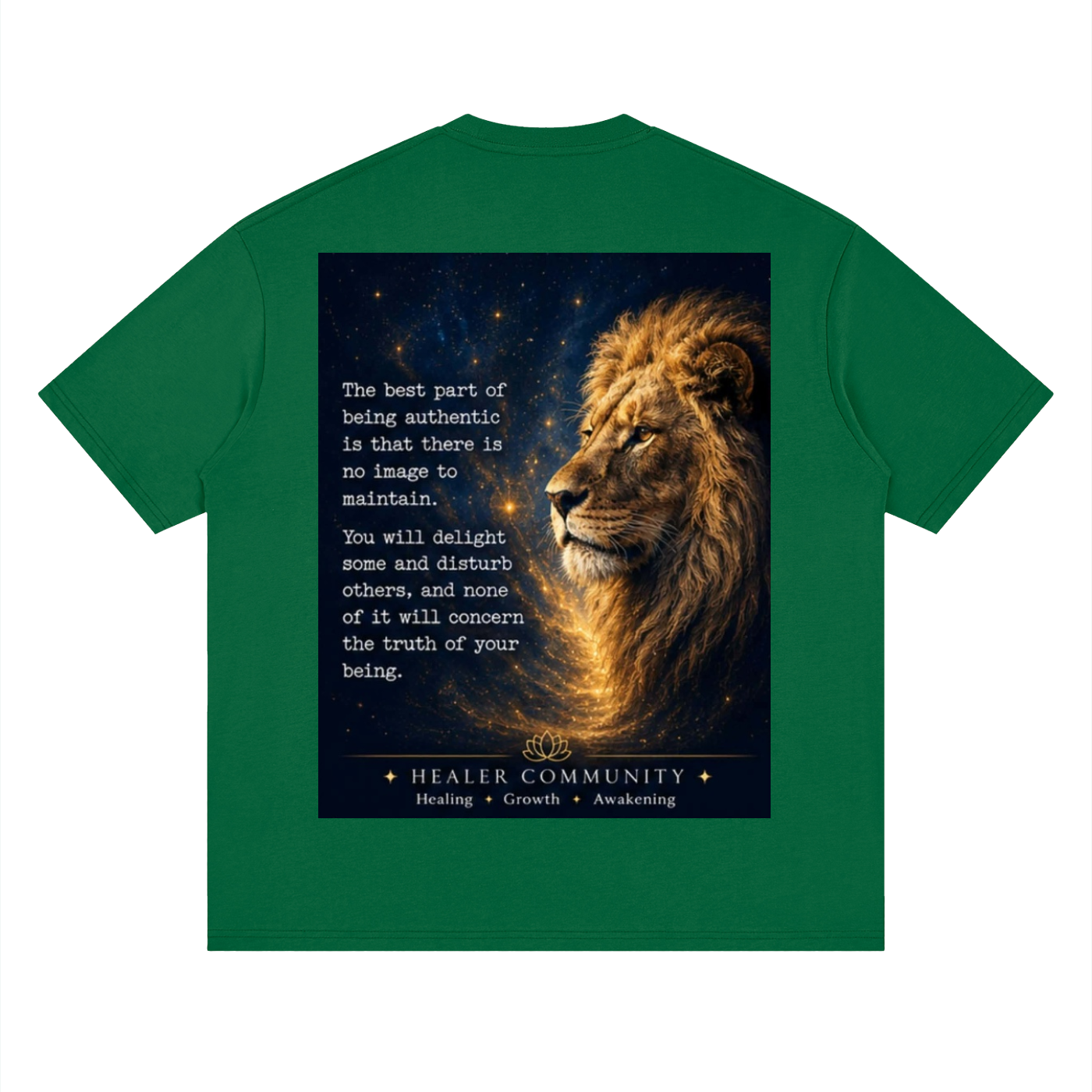Green t-shirt with a lion graphic and motivational quote on a white background