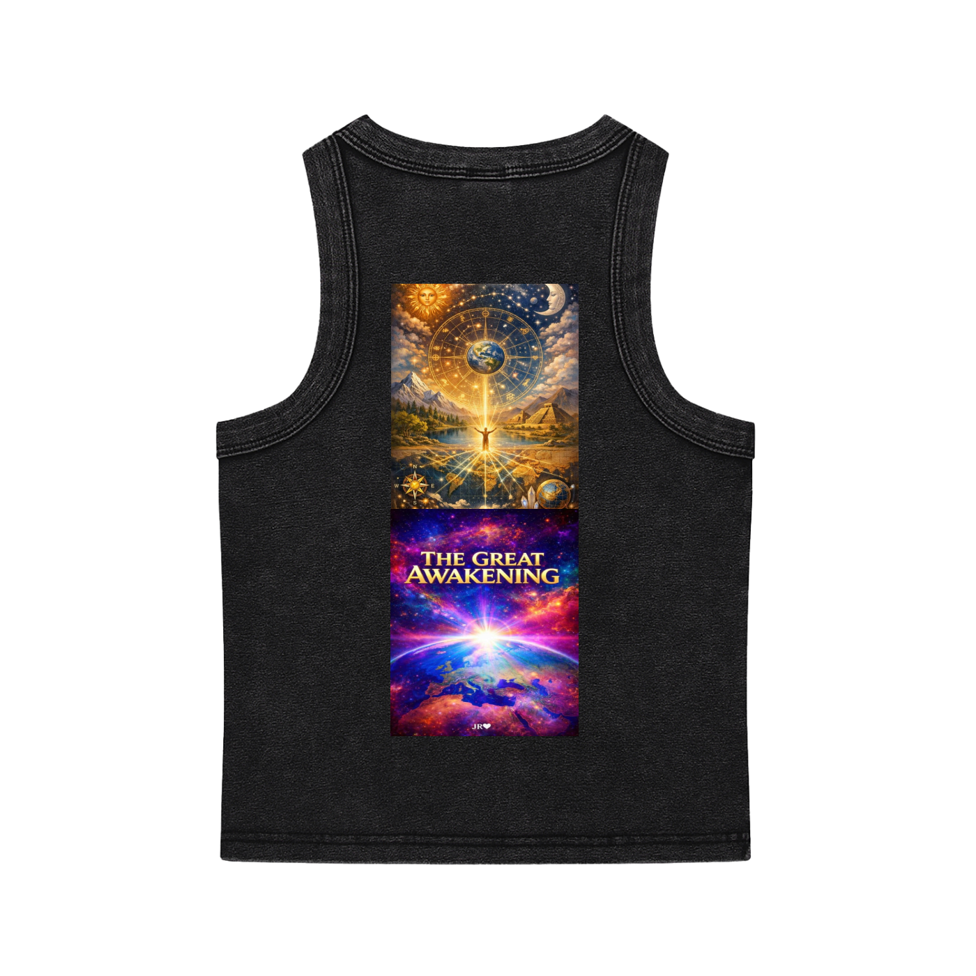 A black sleeveless tank top with a large graphic print on the front showing a cosmic scene with a glowing figure and the text 'THE GREAT AWAKENING'.