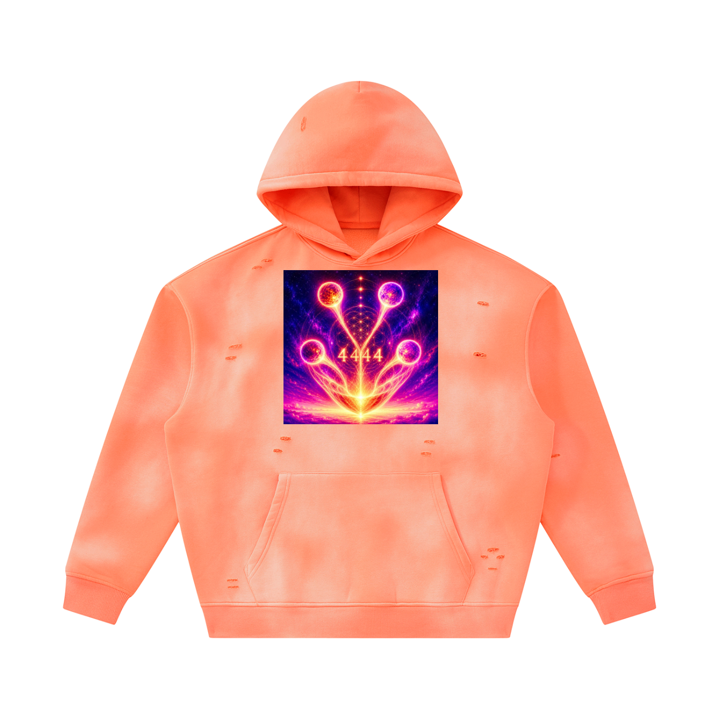 A coral orange distressed hoodie with a colorful graphic print on the chest, displayed against a solid white background.