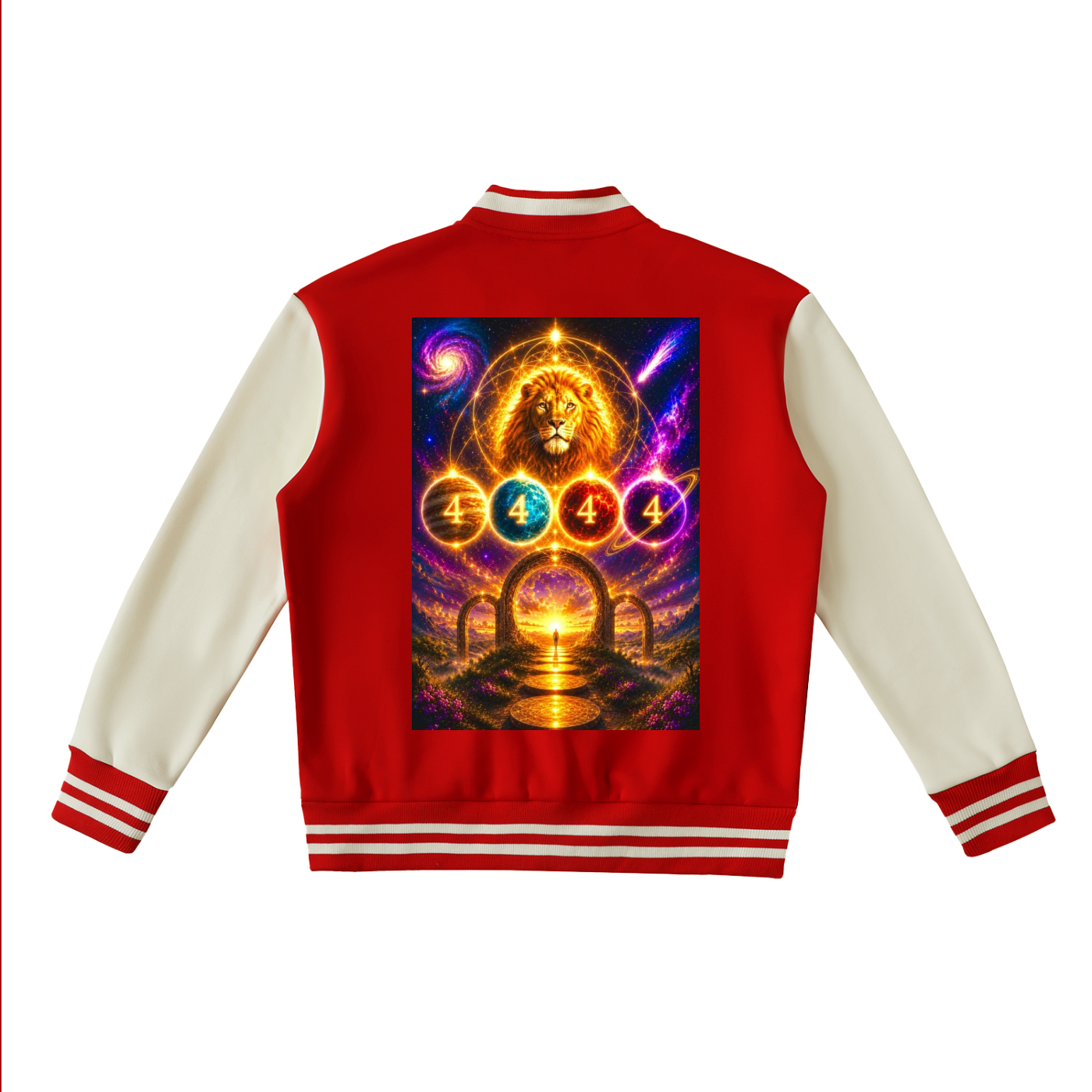 A red and cream varsity jacket shown from the back, featuring a large, vibrant graphic print of a lion and cosmic elements with the number 4 repeated in colorful circles.