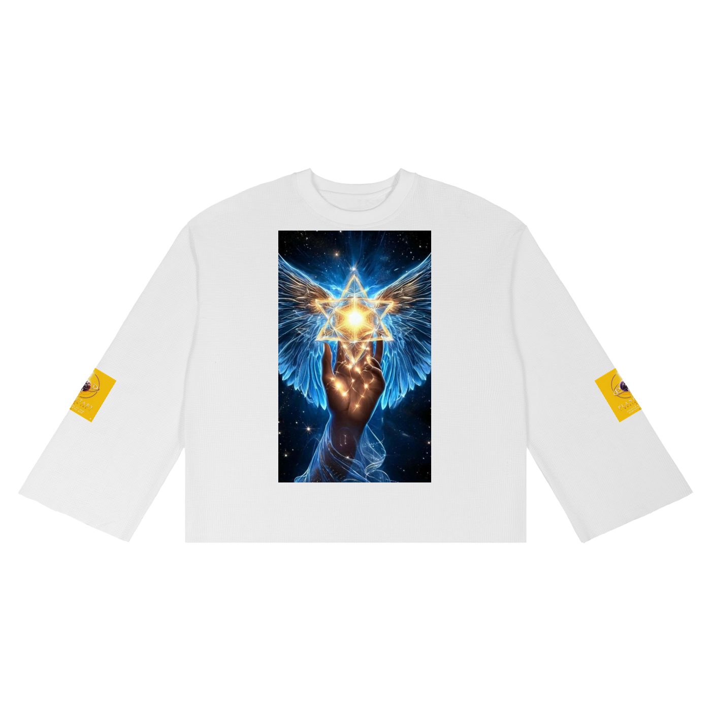 A white long-sleeve t-shirt with a large graphic print on the front showing a hand with blue angel wings holding a glowing golden Star of David. The sleeves feature small yellow graphic patches.