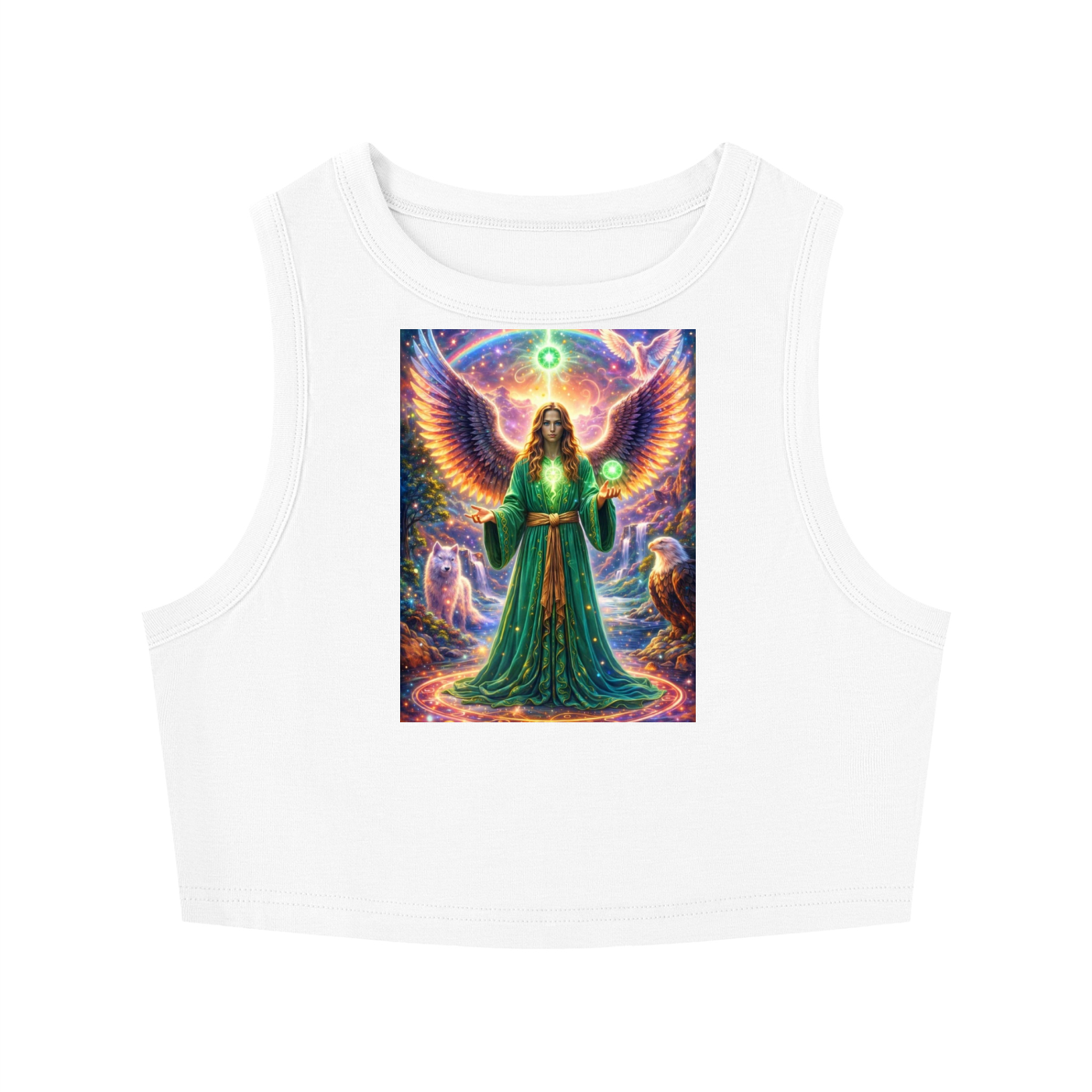 A white sleeveless crop top featuring a colorful graphic print of a winged angel in a green robe holding a glowing orb, set against a plain white background.