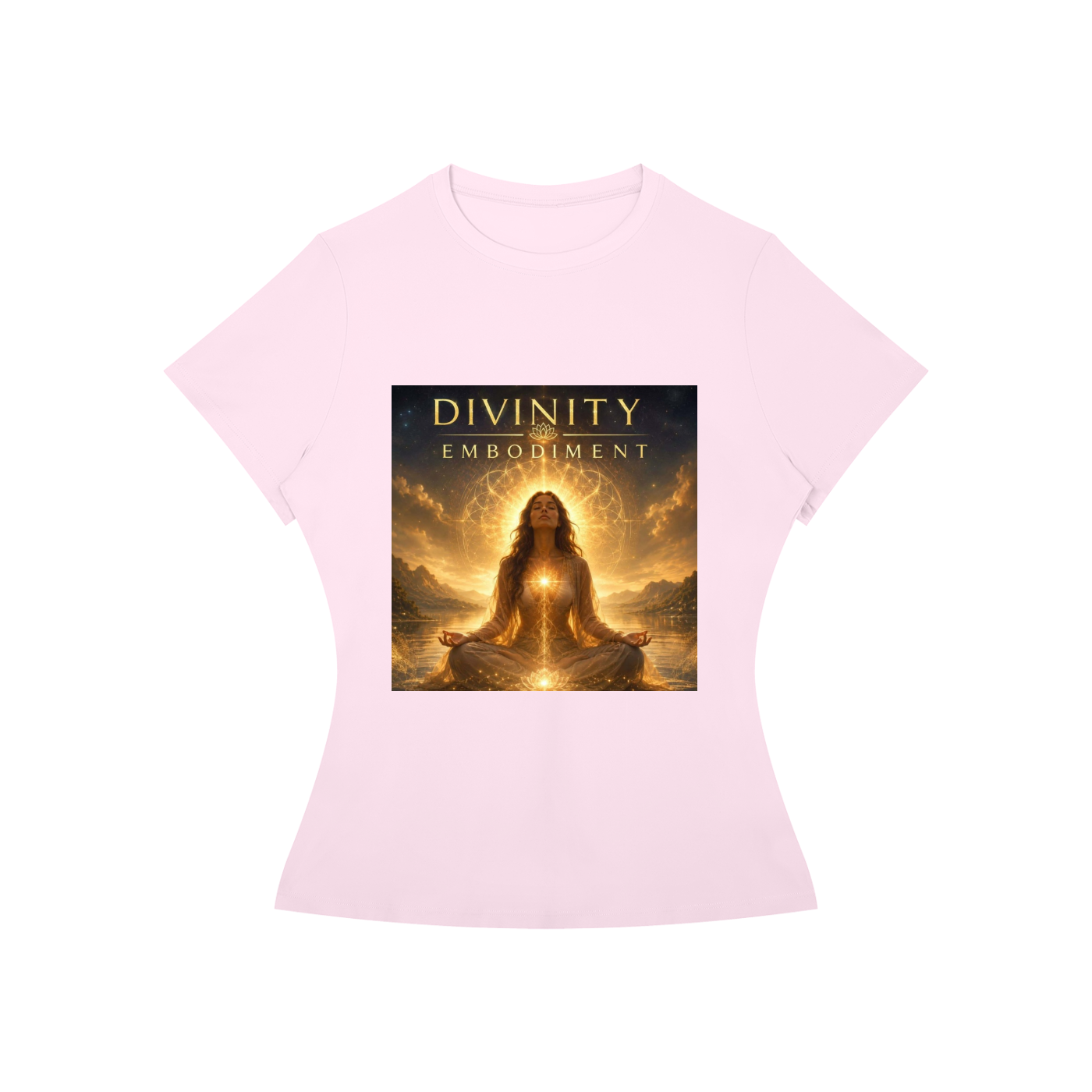 A light pink short-sleeve t-shirt with a rectangular graphic print on the front. The graphic features a glowing, meditative female figure surrounded by golden light and the text 'DIVINITY EMBORIMENT'.