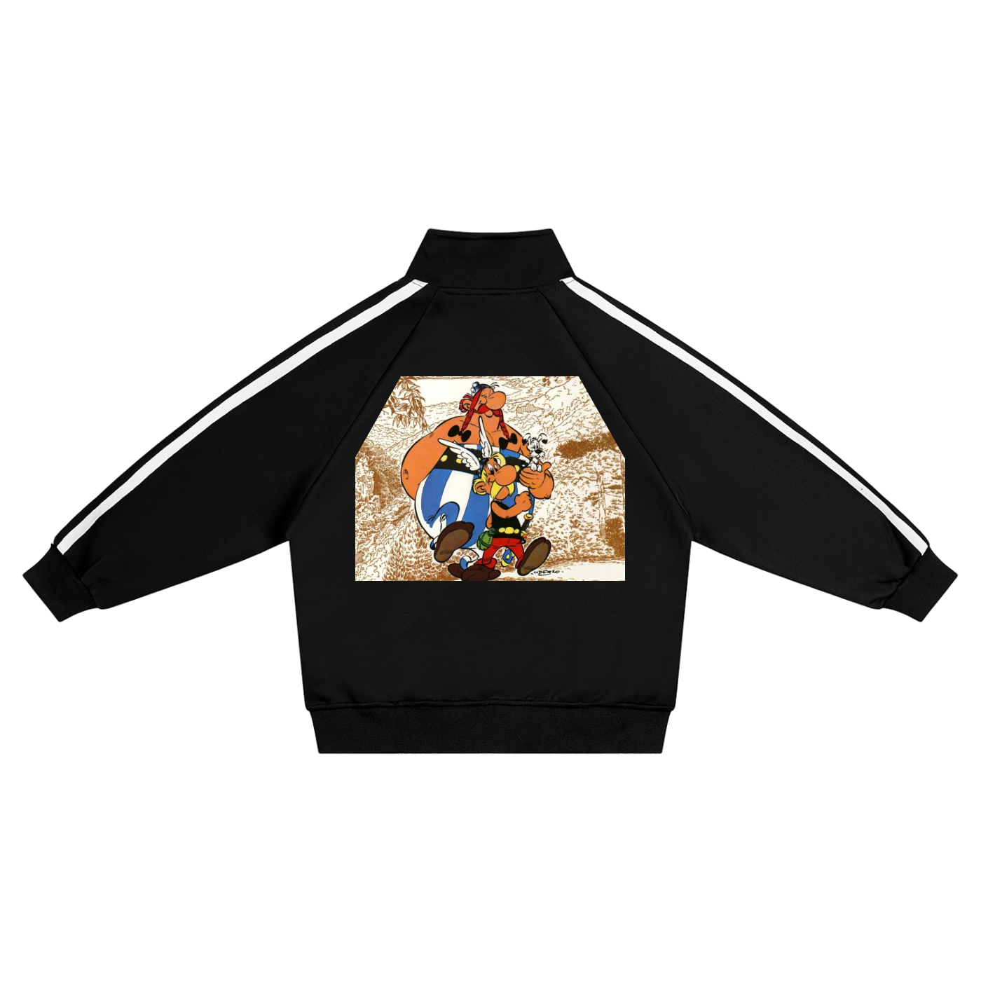 Black tracksuit with cartoon character design on a white background