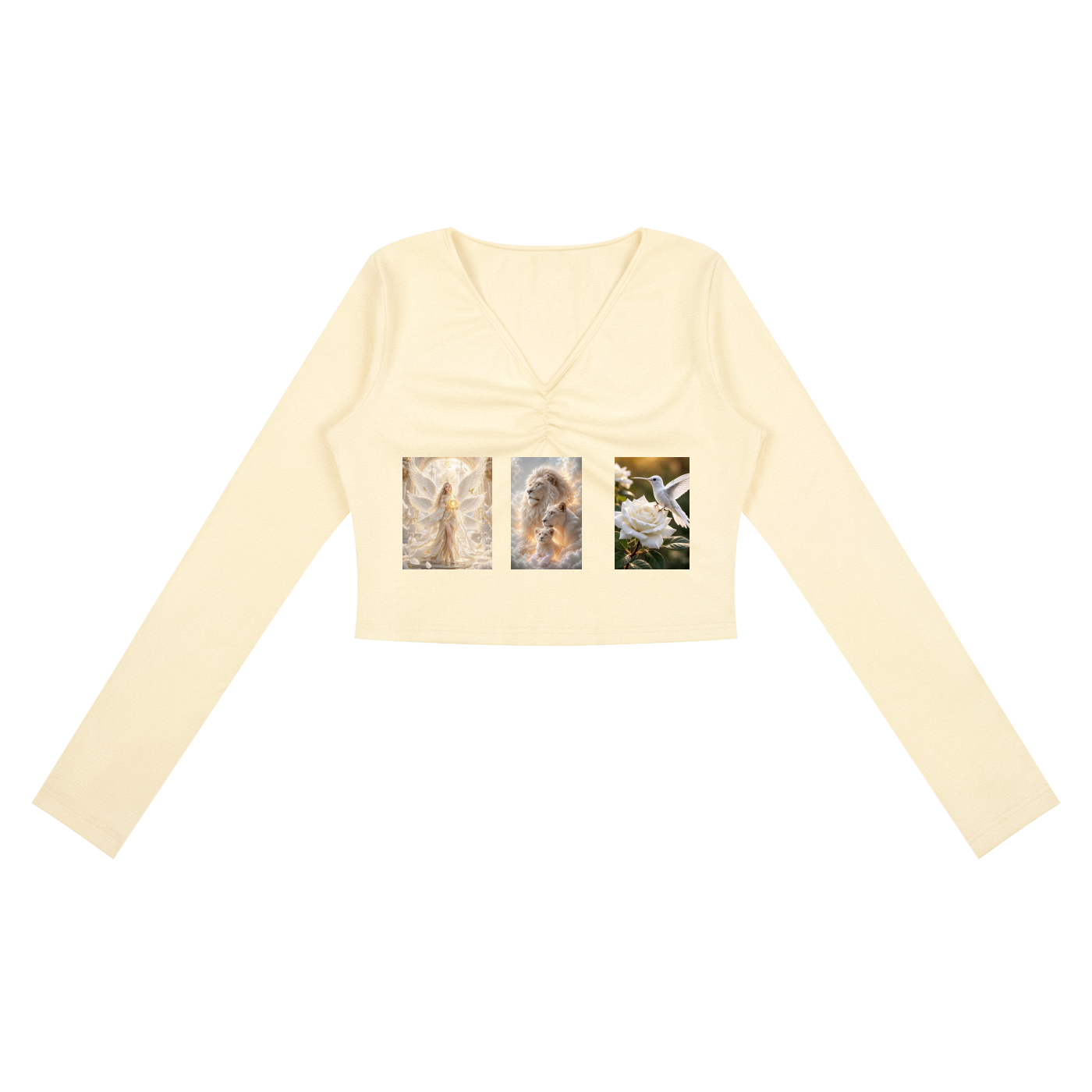 A pale cream long-sleeve crop top with a V-neckline and a three-panel graphic print on the chest depicting angel wings, a face, and white roses.