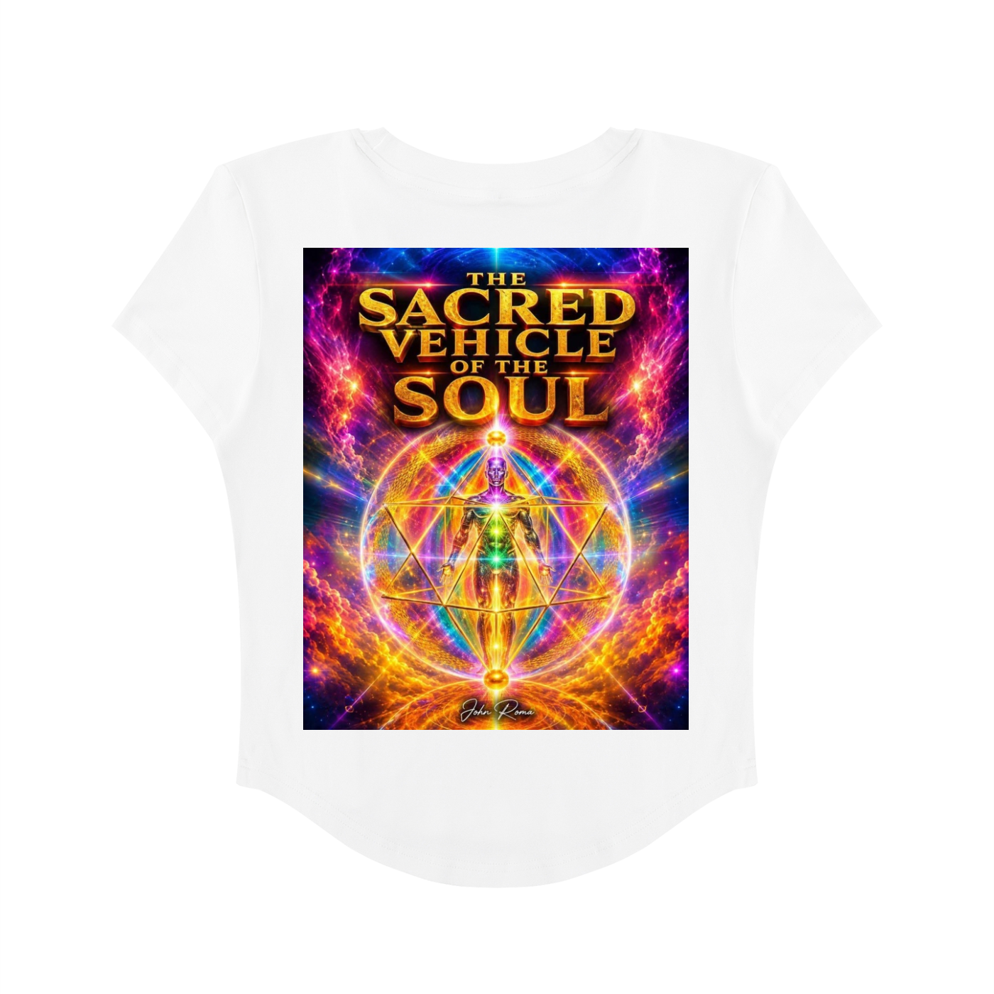 White t-shirt with 'The Sacred Vehicle of the Soul' design on a white background