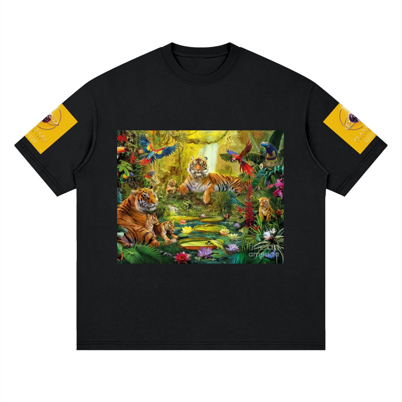 Black t-shirt with a colorful graphic of tigers and parrots in a jungle scene on a white background.