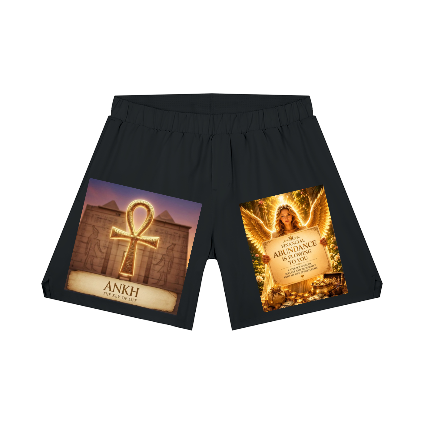 Black athletic shorts featuring two large graphic prints: one with an Egyptian ankh symbol and stone temple background labeled 'ANKH', and the other with a golden angel and book illustration labeled 'ABUNDANCE'.