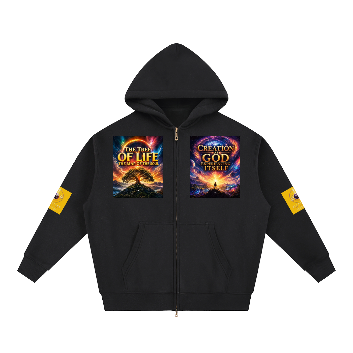 A black zip-up hoodie with a full front zipper, kangaroo pockets, and two colorful graphic prints on the chest. The left chest graphic reads 'THE TRUTH OF LIFE IS MARRIAGE' and the right chest graphic reads 'CREATION GOD IS NOT ITSELF'.