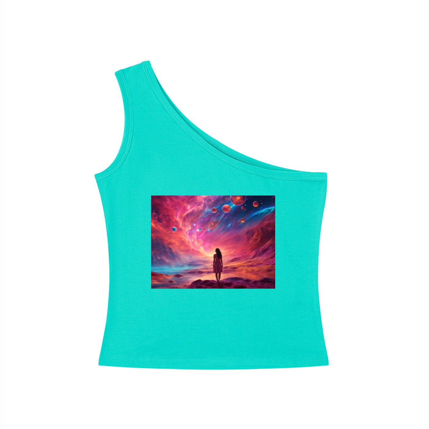 Turquoise tank top with a space-themed graphic on a white background