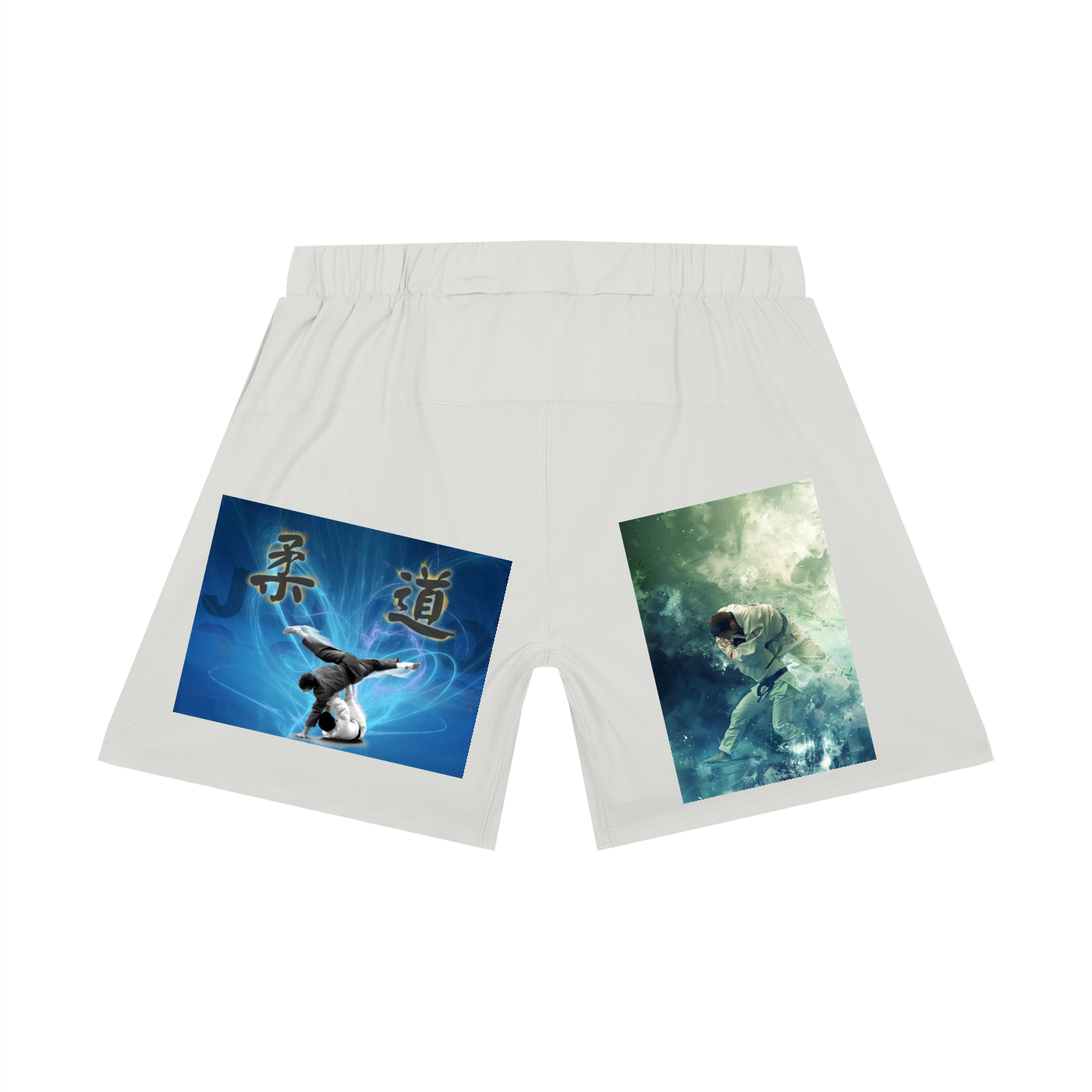 White shorts with graphic designs on a white background