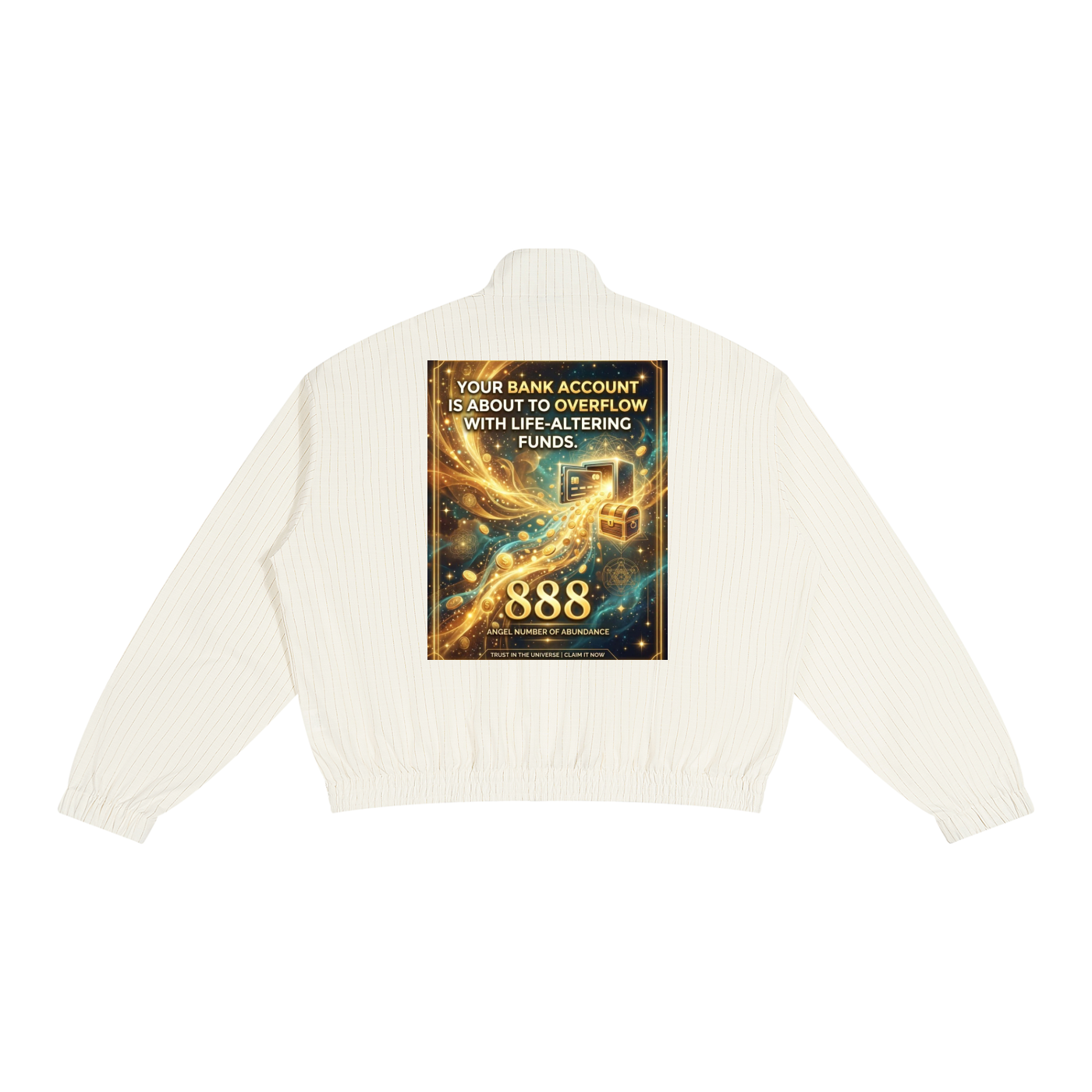 An off-white ribbed knit bomber jacket shown from the back, featuring a large rectangular graphic print with a gold and blue cosmic design and the text 'YOUR BANK ACCOUNT IS ABOUT TO OVERFLOW WITH UNLEASING FUNDS' and '888'.