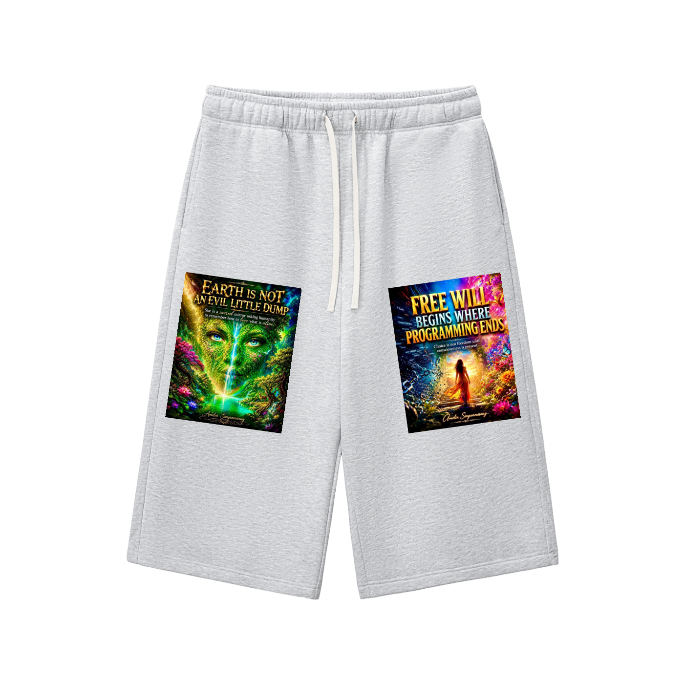 Gray sweatpants with graphic designs on a white background
