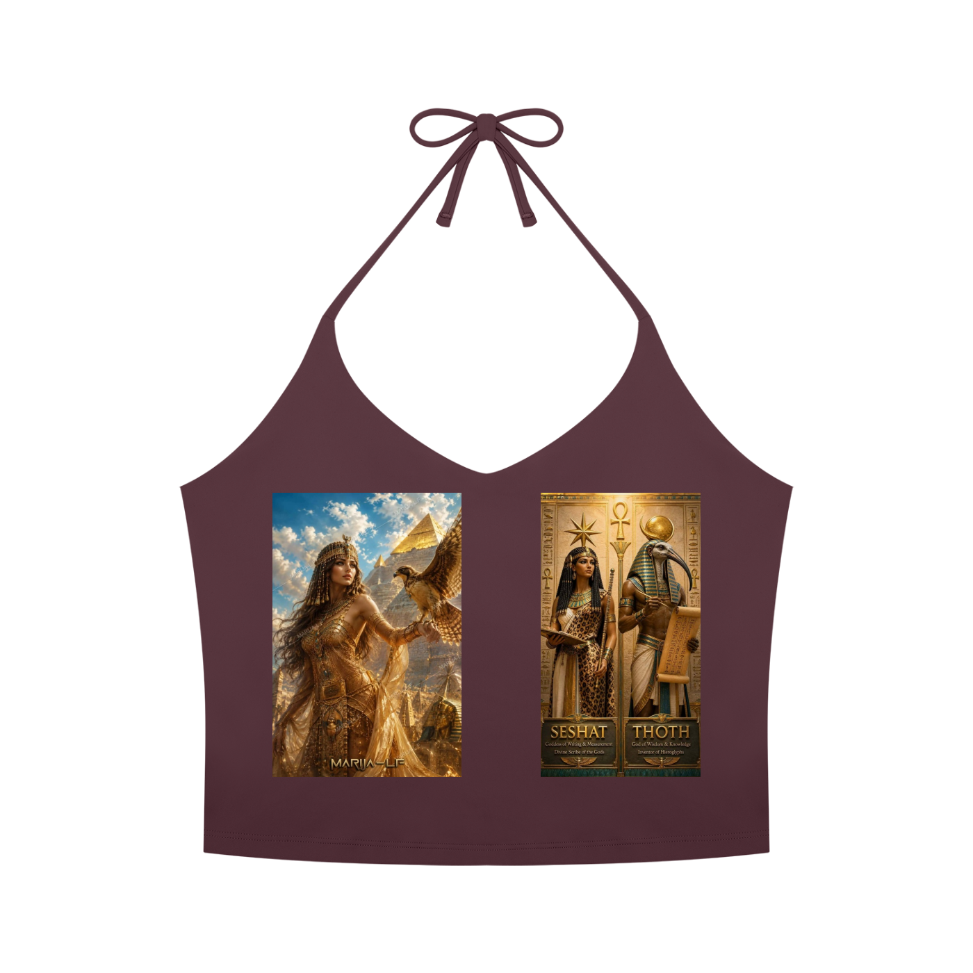 A dark plum halter crop top featuring two Egyptian-themed tarot card graphic prints on the front, displayed against a solid white background.