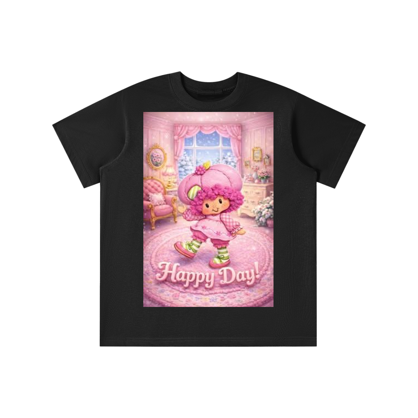 Black t-shirt with a colorful graphic of a character and 'Happy Day!' text on a white background