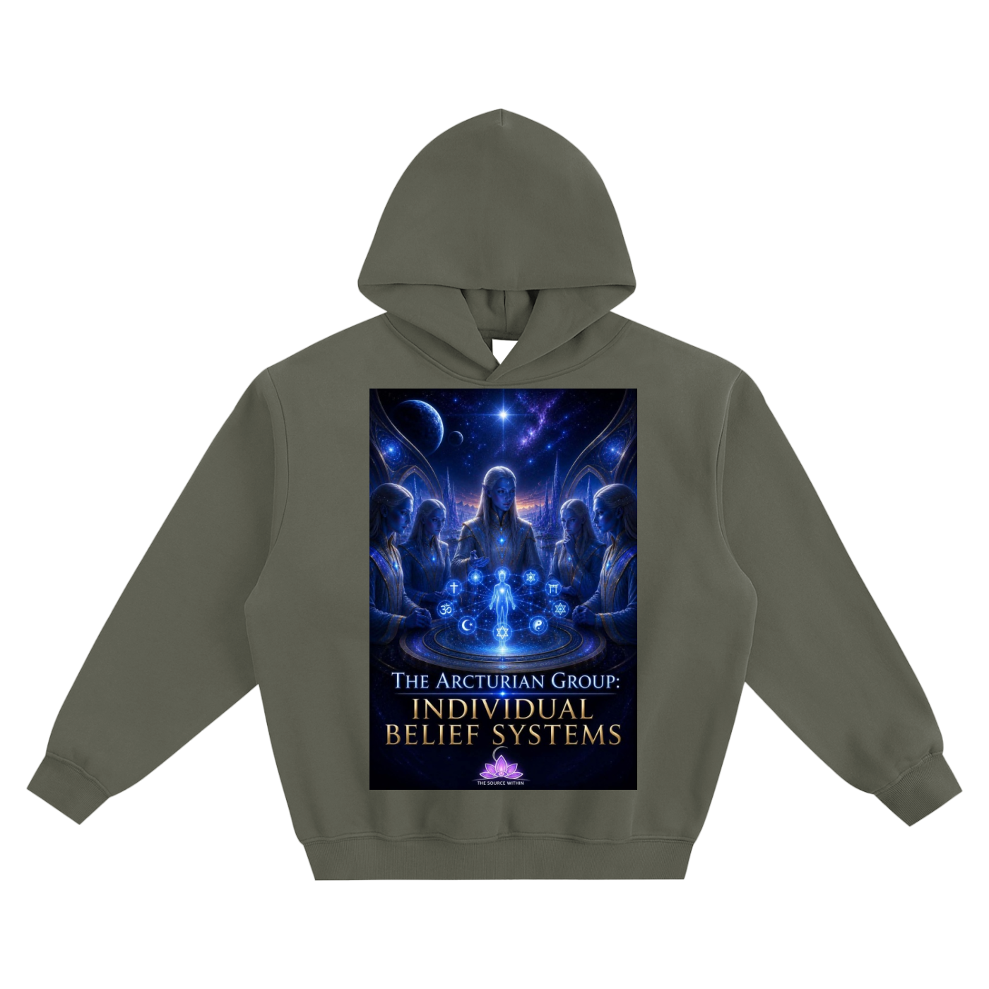 Green hoodie with a graphic design on a white background