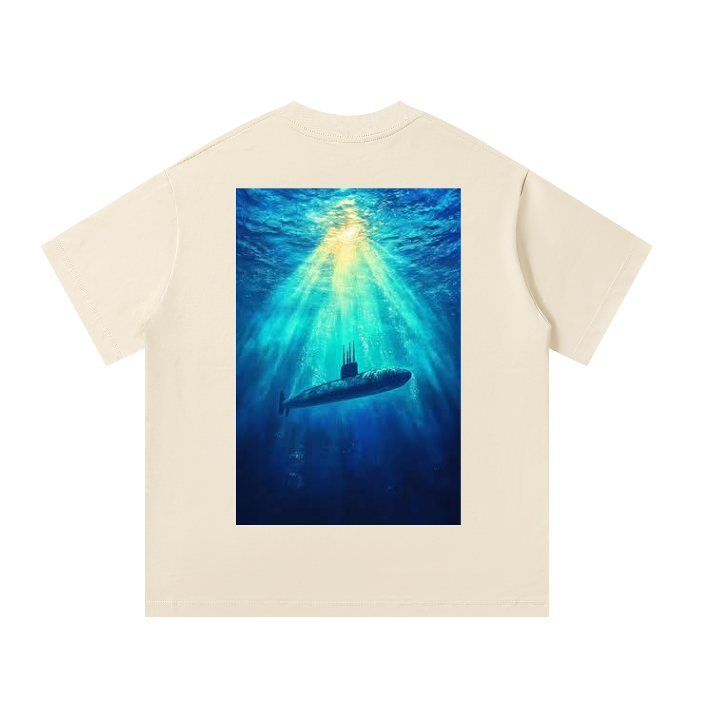 Beige t-shirt with a submarine graphic on a white background