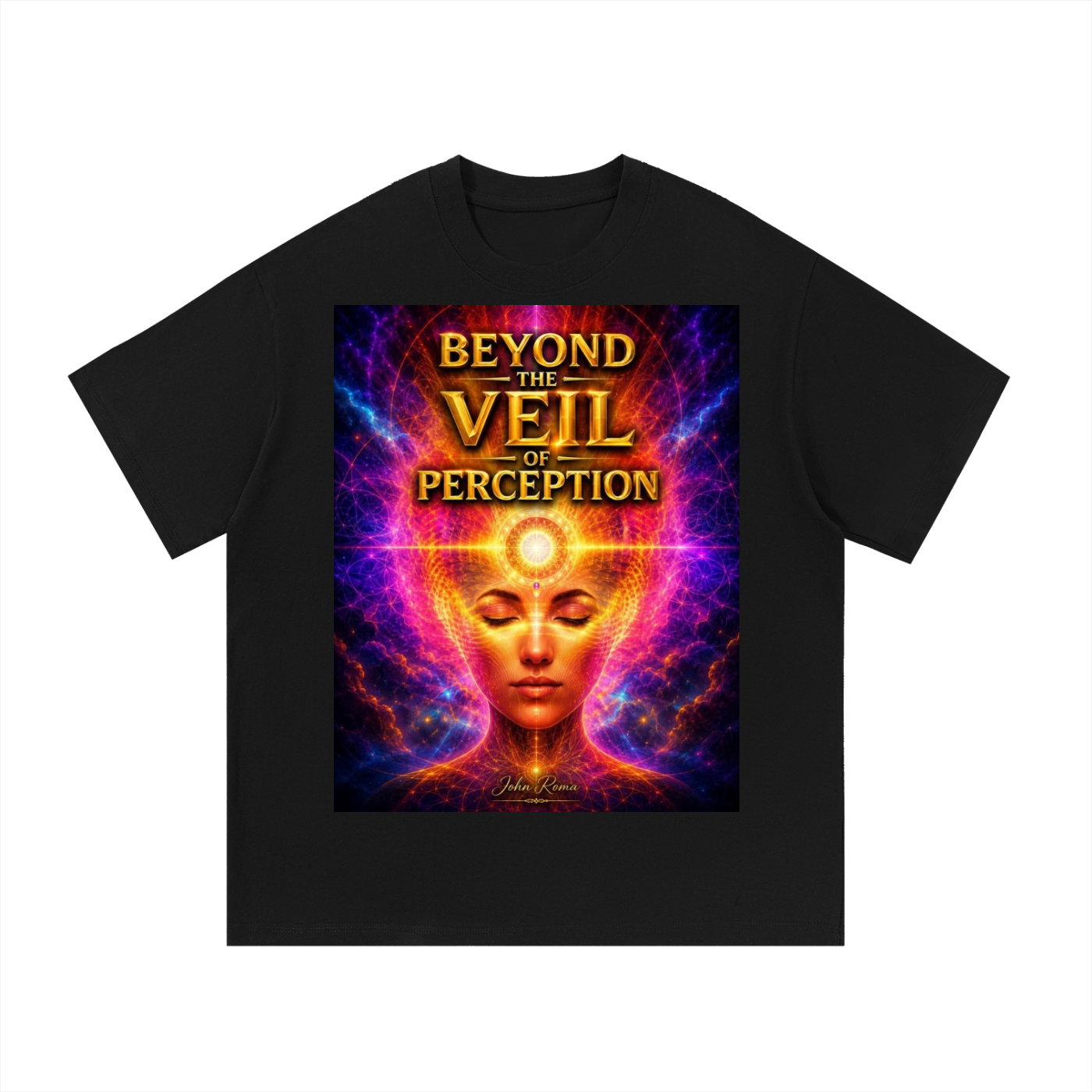 Black t-shirt with a colorful graphic and text 'Beyond the Veil of Perception' on a white background