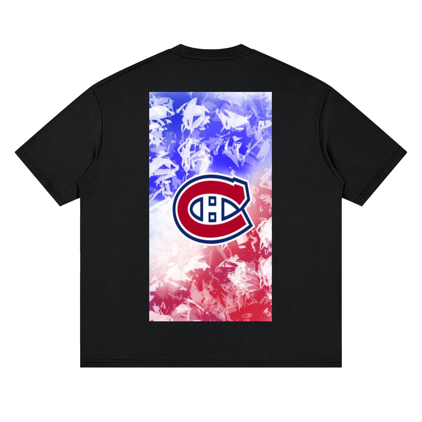 Black t-shirt with a colorful graphic and logo on the back