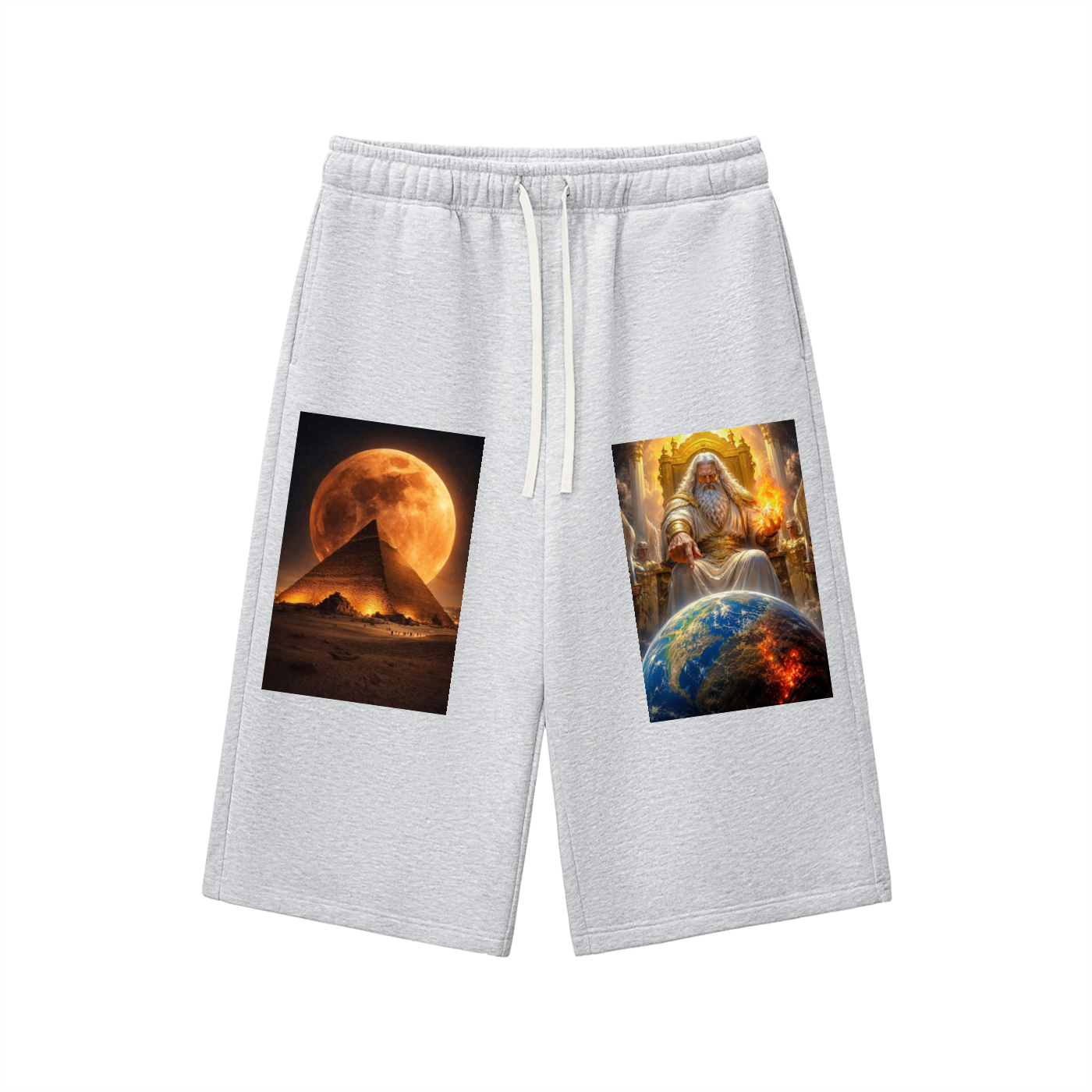 Light heather gray sweat shorts with a white drawstring, featuring two square graphic prints on the front. The left print shows a desert landscape with a large orange moon and pyramids, and the right print shows a fantasy scene with a glowing figure and a blue-and-red planet.