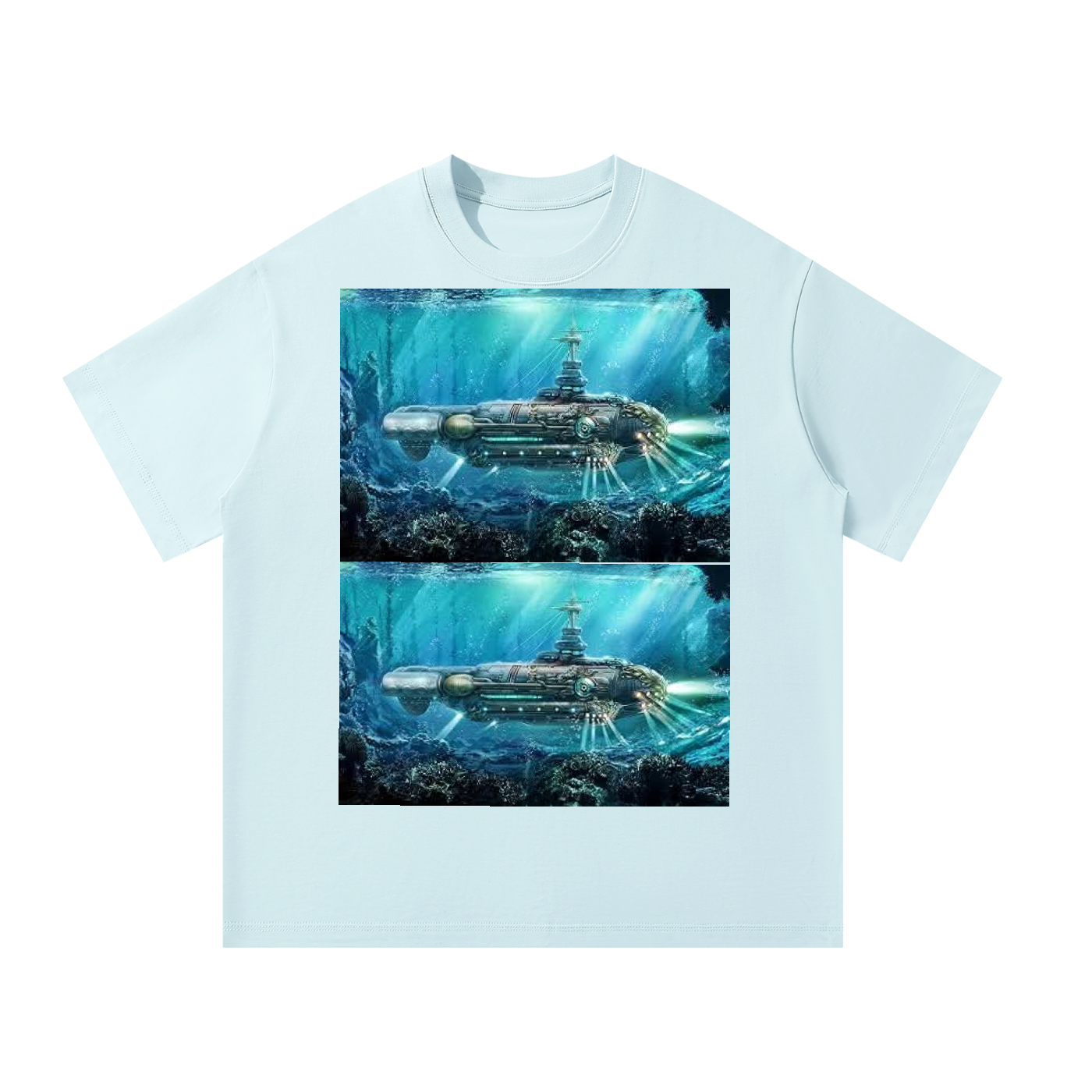 Light blue t-shirt with underwater scene design featuring a submarine.