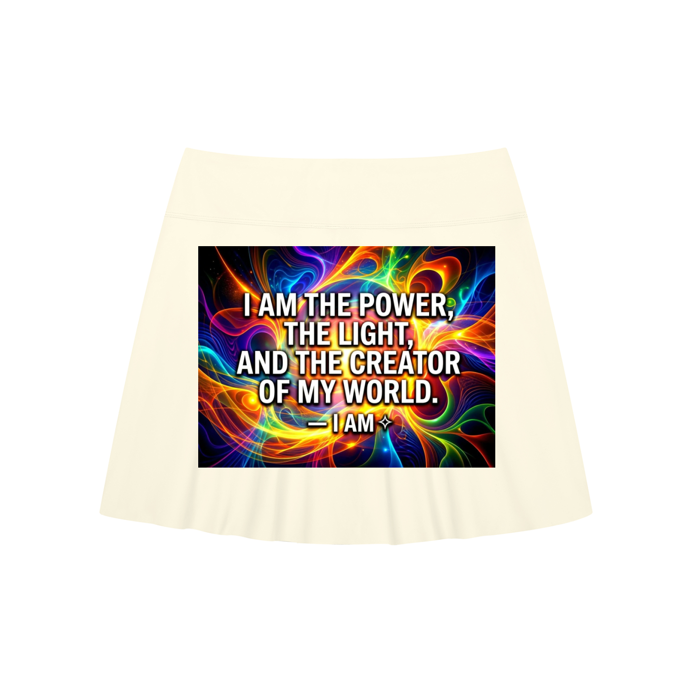 Beige skirt with a colorful graphic and text on a white background