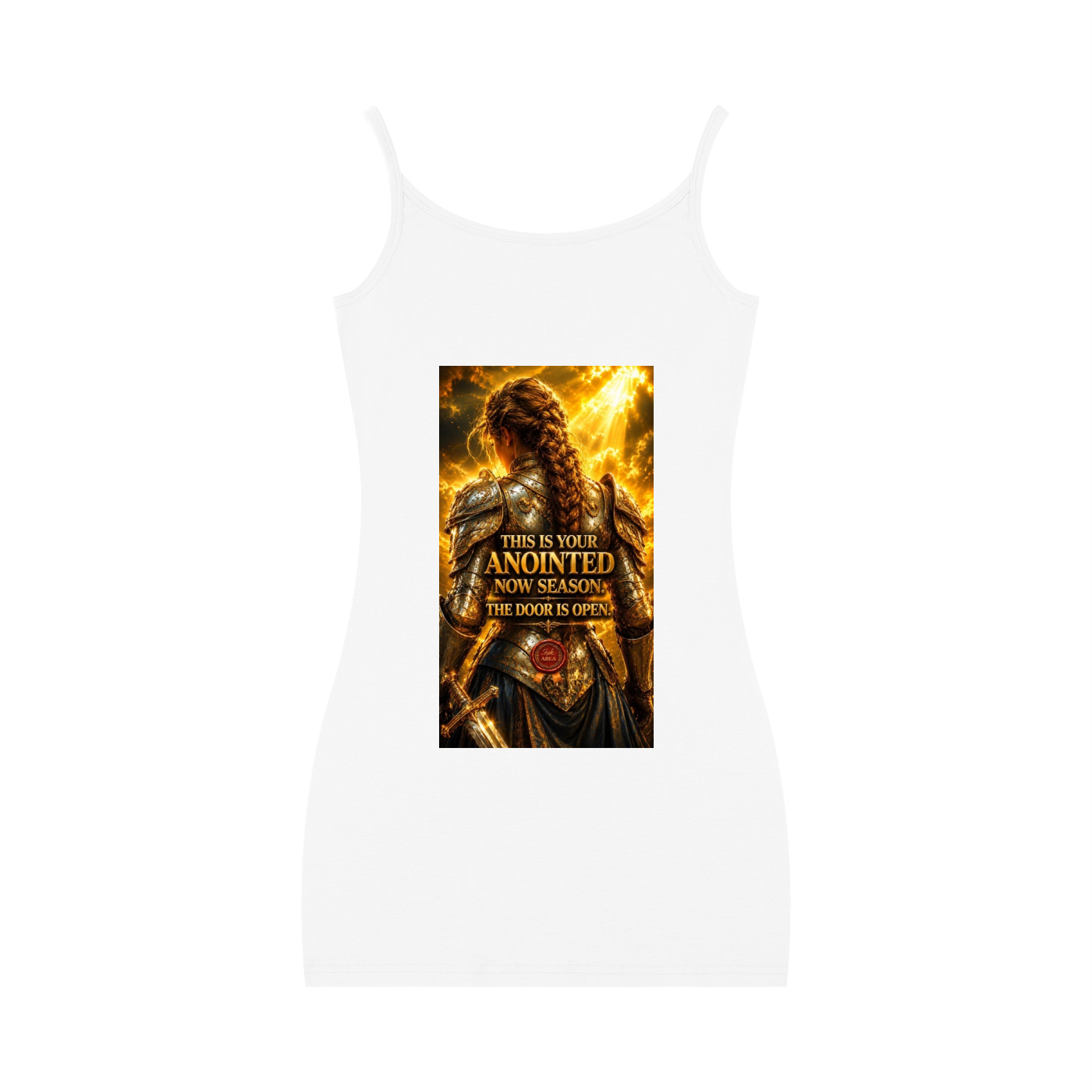 A white sleeveless camisole tank top featuring a rectangular graphic print on the front with a fiery, golden-toned illustration and the text 'THIS IS IT. ANOINTED NOW SEASONS.