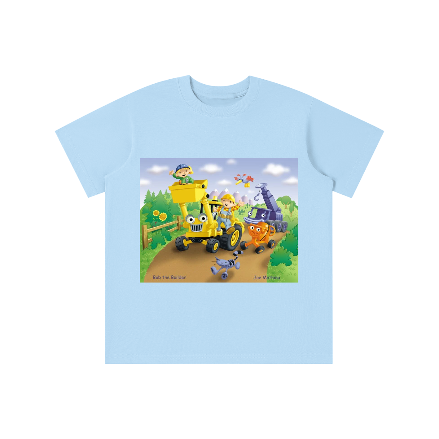Light blue t-shirt with a cartoon design of construction vehicles and characters on a white background