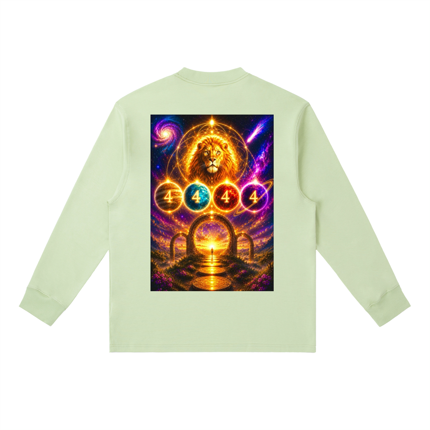 A light sage green long-sleeve t-shirt shown from the back, featuring a large, vibrant graphic print of a golden lion and cosmic elements with the number 4 repeated in circular emblems.