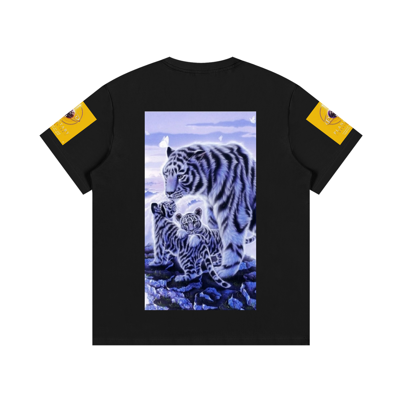 Black t-shirt with a graphic of two tigers on a white background