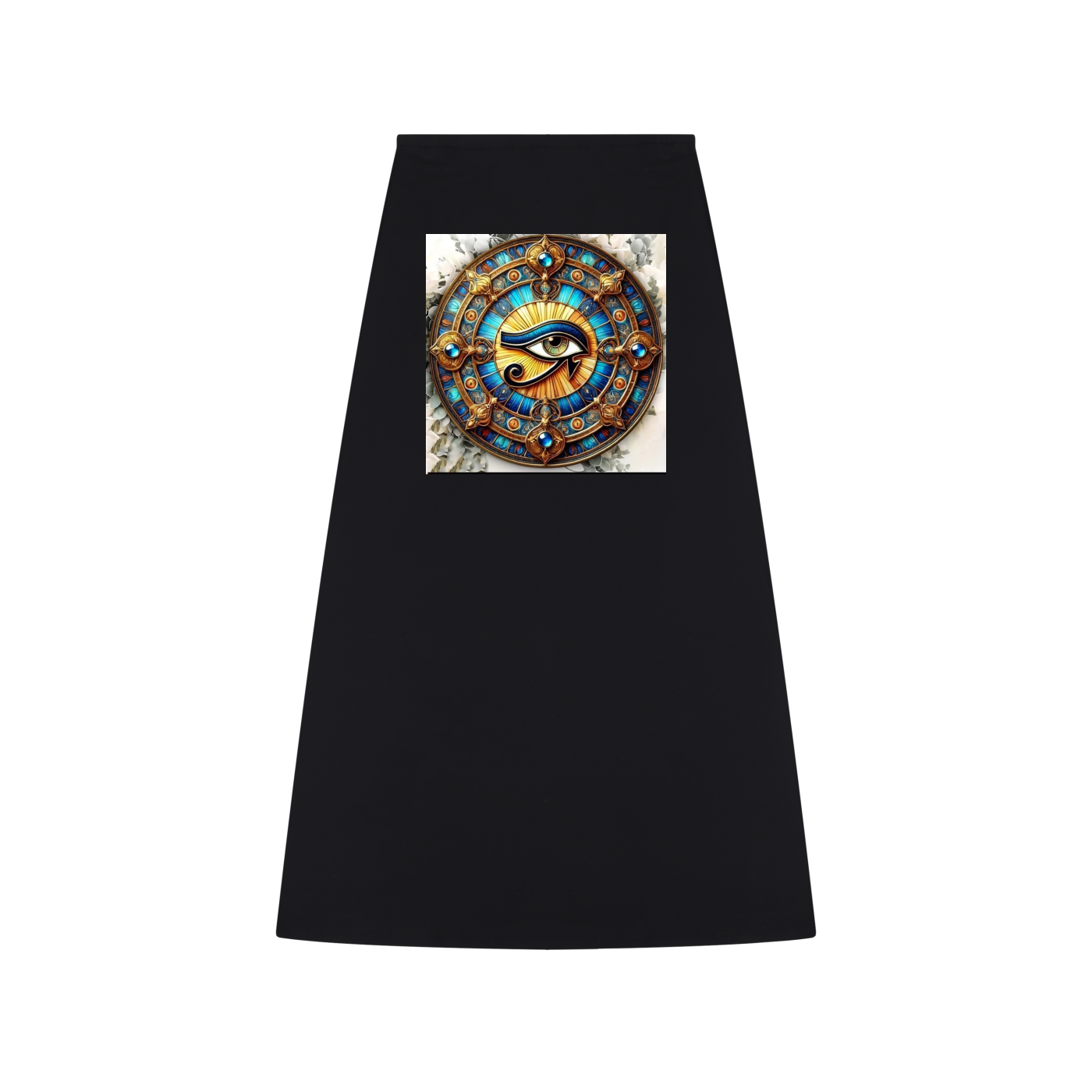A black A-line skirt featuring a square graphic print on the front with a colorful, circular Egyptian-themed design containing a stylized eye motif.