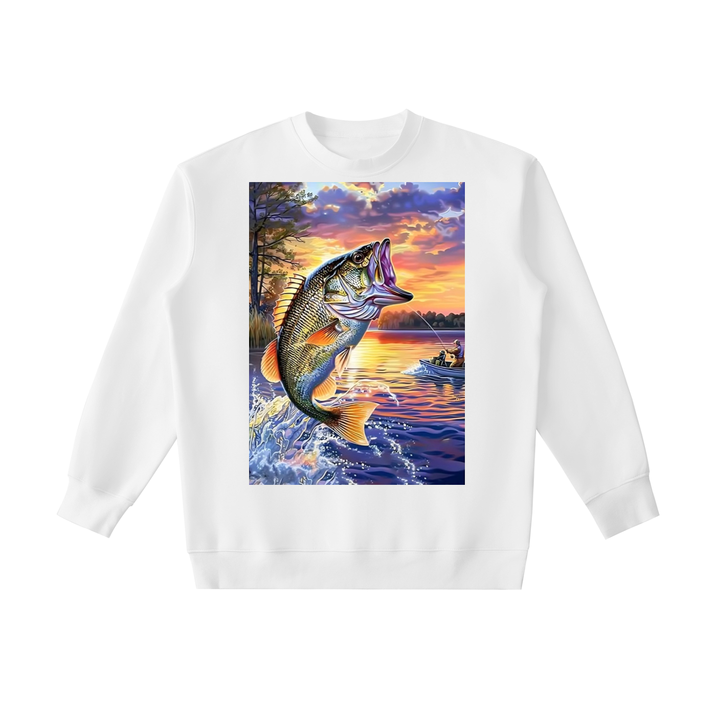White sweatshirt with a graphic of a fish and sunset scene on a white background