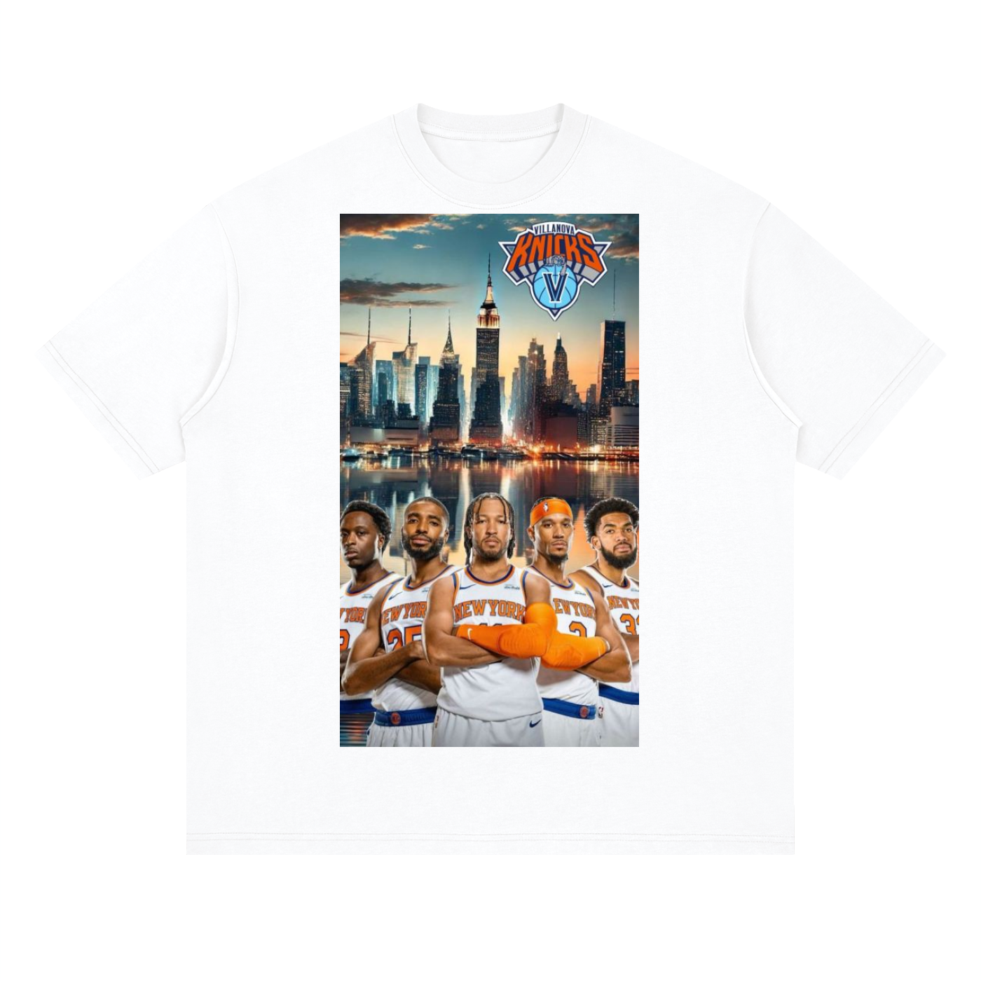 White t-shirt with a graphic of basketball players and a cityscape, featuring the New York Knicks logo.