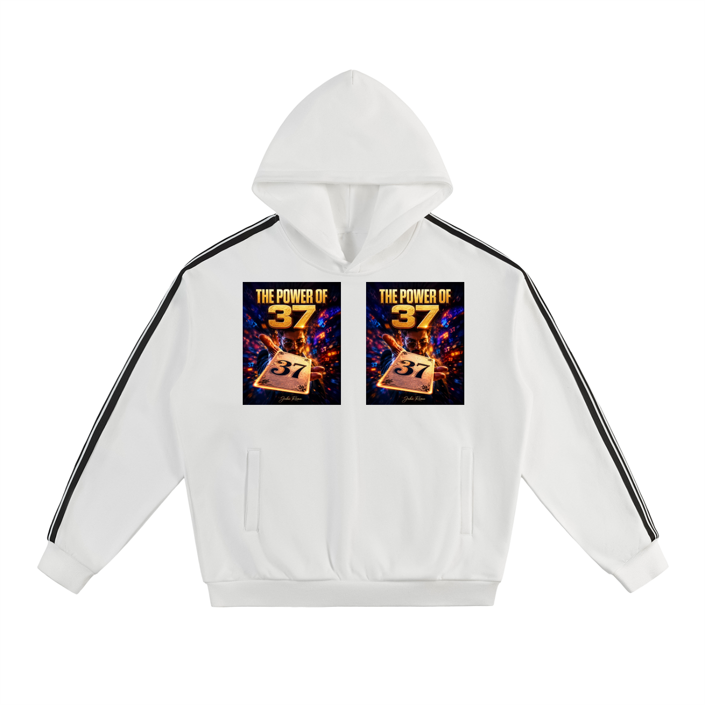 A white zip-up hoodie with black stripes down the sleeves and a graphic print on the chest featuring the text 'THE POWER OF 37' and an illustration of a pocket watch with '37' on it.
