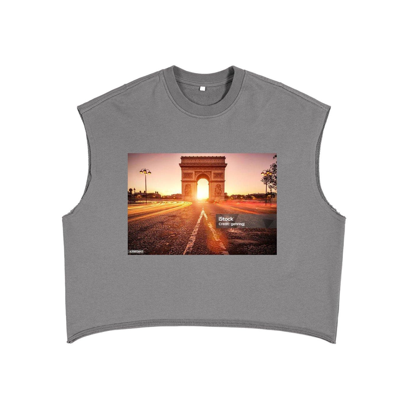 Gray sleeveless shirt with a printed design of the Arc de Triomphe at sunset.
