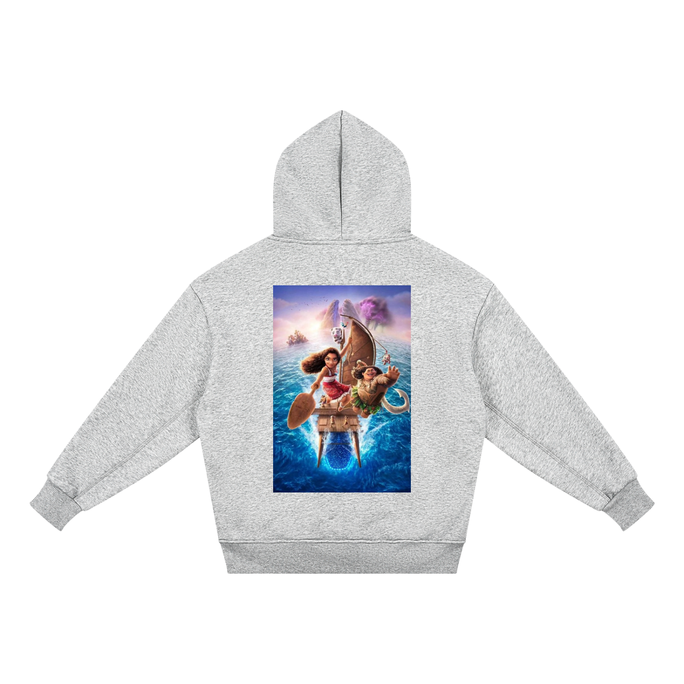 Gray hoodie with a colorful graphic of characters from 'The Little Mermaid' on the back, on a white background.