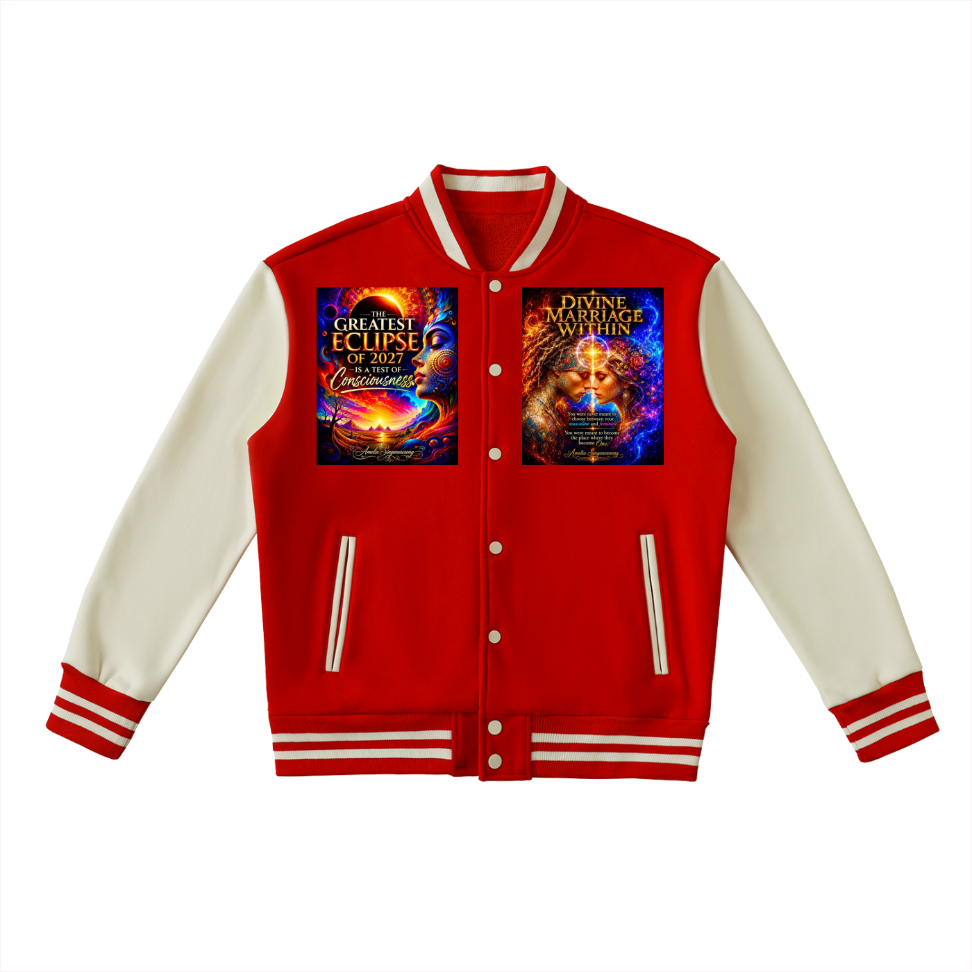 A red and cream varsity jacket featuring two colorful graphic prints on the chest, displayed against a solid white background.