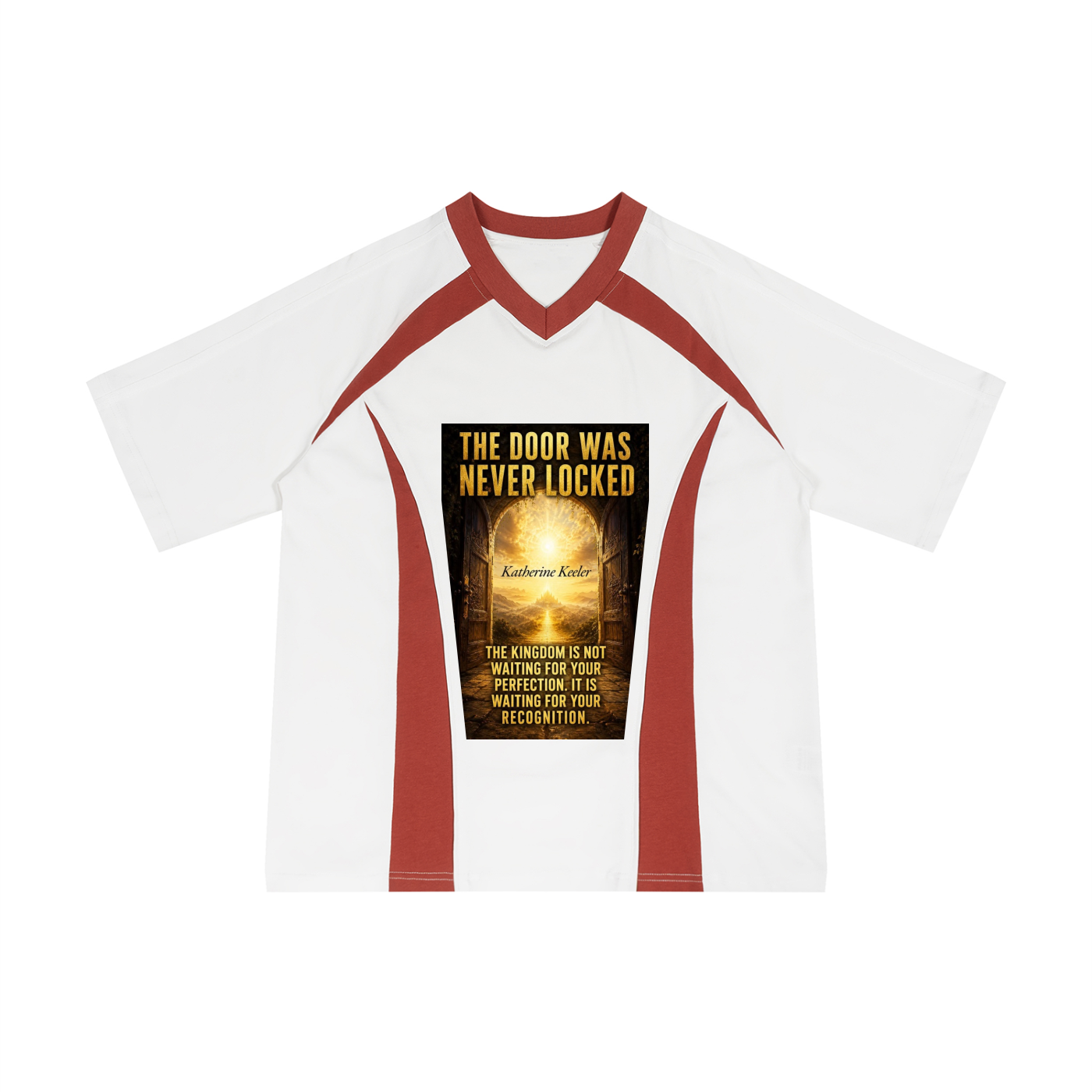 A white raglan-style t-shirt with dark red shoulder and side panels, featuring a large graphic print on the front with the text 'THE DOOR WAS NEVER LOCKED' and a glowing golden door illustration.