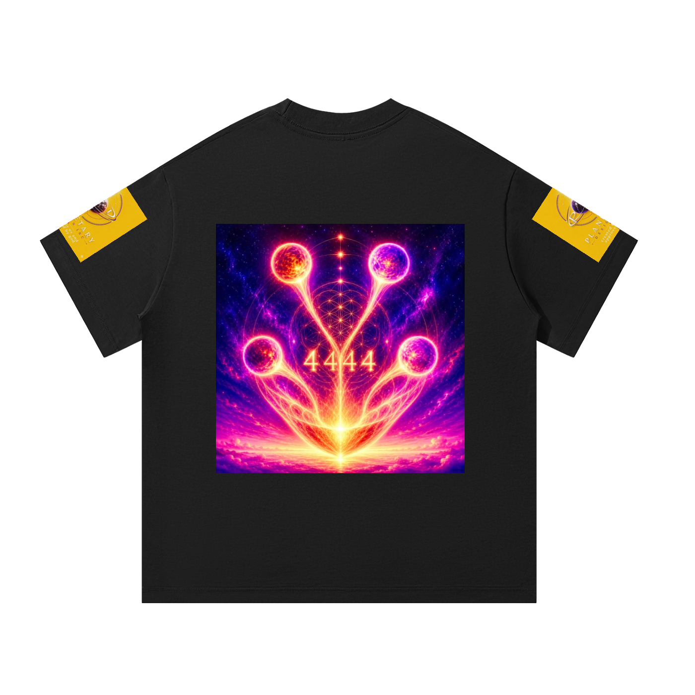 A black short-sleeve t-shirt with a large, vibrant cosmic graphic on the front. The graphic features a symmetrical, glowing neon design in purple, pink, and orange with the number '4444' in the center.
