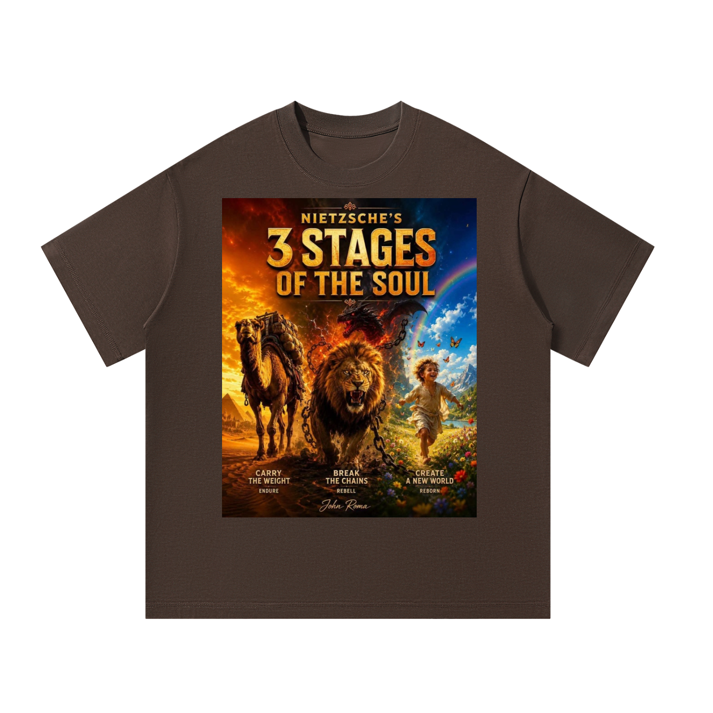 Brown t-shirt with '3 Stages of the Soul' graphic design on a white background