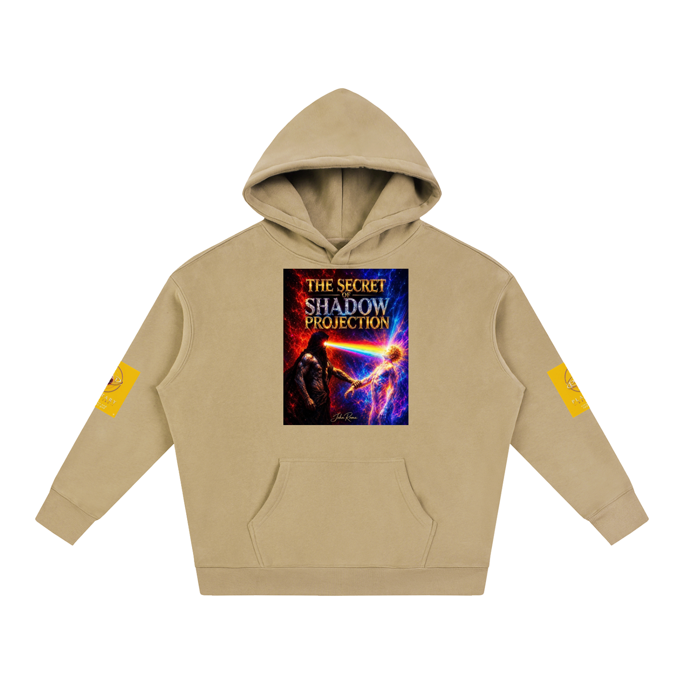 A beige pullover hoodie with a colorful graphic print on the chest reading 'THE SECRET SHADOW PROJECTION' and yellow patches on both sleeves, shown on a plain white background.