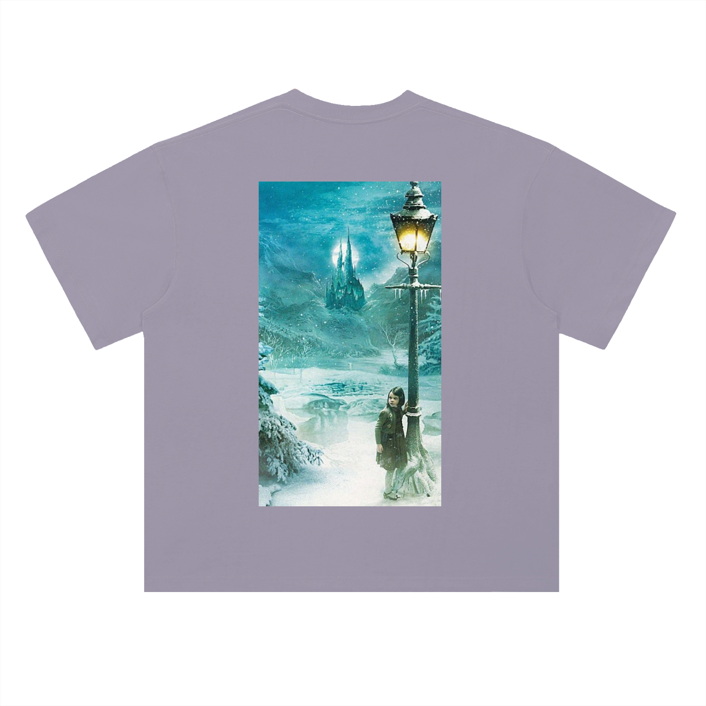 Purple t-shirt with a winter scene print featuring a person and lamp post on a white background