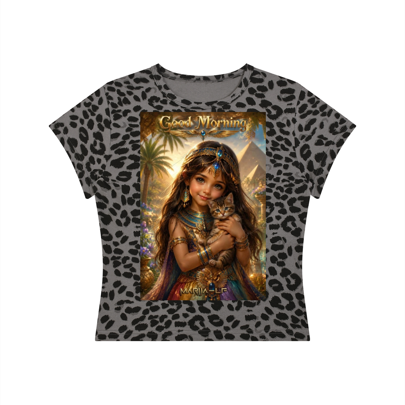 A short-sleeve t-shirt with a gray and black leopard print pattern, featuring a large central graphic print of a woman holding a cat with the text 'Good Morning' and 'Mara-Li'.