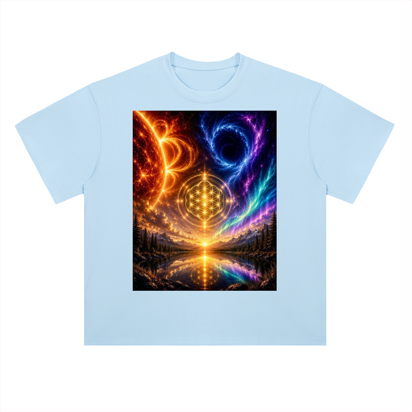Light blue t-shirt with a colorful abstract design on a white background